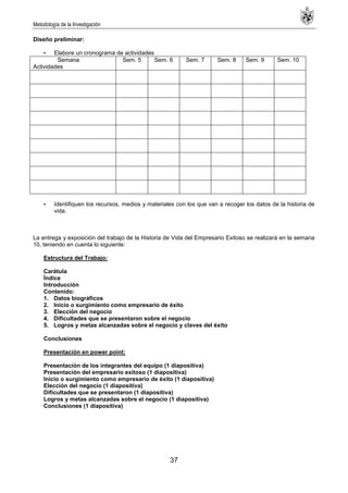Metodología de la Investigación
37
Diseño preliminar:
• Elabore un cronograma de actividades
Semana
Actividades
Sem. 5 Sem. 6 Sem. 7 Sem. 8 Sem. 9 Sem. 10
• Identifiquen los recursos, medios y materiales con los que van a recoger los datos de la historia de
vida.
La entrega y exposición del trabajo de la Historia de Vida del Empresario Exitoso se realizará en la semana
10, teniendo en cuenta lo siguiente:
Estructura del Trabajo:
Carátula
Índice
Introducción
Contenido:
1. Datos biográficos
2. Inicio o surgimiento como empresario de éxito
3. Elección del negocio
4. Dificultades que se presentaron sobre el negocio
5. Logros y metas alcanzadas sobre el negocio y claves del éxito
Conclusiones
Presentación en power point:
Presentación de los integrantes del equipo (1 diapositiva)
Presentación del empresario exitoso (1 diapositiva)
Inicio o surgimiento como empresario de éxito (1 diapositiva)
Elección del negocio (1 diapositiva)
Dificultades que se presentaron (1 diapositiva)
Logros y metas alcanzadas sobre el negocio (1 diapositiva)
Conclusiones (1 diapositiva)
 