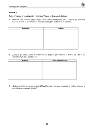 Metodología de la Investigación
42
SESION 12
Taller 2: Trabajo de Investigación: Historia de Vida de un Empresario Exitoso
1. Identifique a las personas (esposa, hijos, socios, vecinos, trabajadores, etc.) e indique que aportarían
cada una de ellas en el momento de ser entrevistadas para la obtención de los datos.
2. ¿Explique qué otras fuentes de información se disponen para elaborar la historia de vida de su
empresario? ¿Y cómo las obtienen?
Fuentes Forma de obtención
3. ¿Cuáles serían los temas de consulta bibliográfica sobre su rubro o negocio a realizar antes de la
entrevista a su empresario de éxito?
Personas Aporte
 