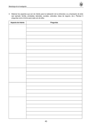 Metodología de la Investigación
43
4. Elaborar los aspectos que son de interés para la realización de la entrevista a su empresario de éxito
(por ejemplo: familia, amistades, laborales, sociales, culturales, ideas de negocio, etc.). Plantear 4
preguntas como mínimo para cada uno de ellos.
Aspecto de interés Preguntas
 