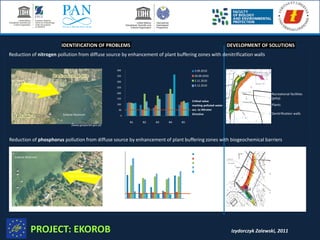 (www.geoportal.gov.pl)
Nitrogen
load
from agricultural land
Sulejow Reservoir Denitrification walls
Plants
Recreational facilities
(jetty)
Recreational facilities
(jetty)
Biogeochemical
barriers
Plants
0
50
100
150
200
250
300
350
400
B1 B2 B3 B4 B5
3.09.2010
30.09.2010
3.11.2010
9.12.2010
Critical value
marking polluted water
acc. to Nitrates
Directive
0
1
2
3
4
5
6
7
Z1 Z2 Z3 Z4 Z5
3.09.2010
30.09.2010
3.11.2010
9.12.2010
19.01.2011
Critical value
for appearance of
cyanobacterial bloom
(www.geoportal.gov.pl)
Sulejow Reservoir
Phosphorus
loadfrom recreational area
DEVELOPMENT OF SOLUTIONSIDENTIFICATION OF PROBLEMS
Reduction of nitrogen pollution from diffuse source by enhancement of plant buffering zones with denitrification walls
Reduction of phosphorus pollution from diffuse source by enhancement of plant buffering zones with biogeochemical barriers
Izydorczyk Zalewski, 2011PROJECT: EKOROB
 
