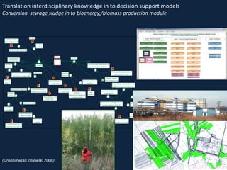 biomasa chwastow w
pierwszym roku t s m na ha
~
utrata biomasa wierzby na skutek
zachwaszczenia w 1roku %
Biomasa
czynnik 1
czynnik 2
~
gestosc obsady a biomasa
biomasa chwastow
w drugim roku t s m na ha
~
utrata biomasy wierzbyna skutek
zachwaszczenia w 2 roku %
procent utraty
biomasy przez 1 rok
procent utraty biomasy
przez drugi rok
utrata biomasy wierzby na skutek
zachwaszczenia w ciagu 4 lat
wilgotnosc
gleby %
wzrost biomasy a N
przez 4 lata
procentowa ilosc zaatakowanych
sadzonek przez szkodniki
gestosc obsady
ilosc sadzonek na ha
~
srednia miesieczna
temperatura dla Lodzi oC
~
srednie miesieczne
opady dla Lodzi
wilgotnosc
gleby %
~
srednia miesieczna
temperatura dla Lodzi oC
gestosc obsady
ilosc sadzonek na ha
~
pH gleby
a biomasa
pH gleby
~
aktywnosc zwierzyny
a jej ilosc
ilosc sadzonek zaatakowanych
przez szkodniki na ha
~
wspolczynnik wilgotnosci
~
biomasa
zjedzona przez zwierzyne
w kolejnych latach
~
biomasa a
zwierzyna
~
wilgotnosc
a temperatura
~
wilgotnosc a opady
~
poziom wody
a opady
~
fotosynteza
ilosc
zwierzyny
~
przezywalnosc
a sila ssaca gleby
~
sila ssaca
gleby pF
wzrost biomasy a P
przez 4 lata
wzrost biomasy a K
przez 4 lata
przyzywalnosc a poziom wod
gruntowych w ciagu 4 lat
Translation interdisciplinary knowledge in to decision support models
Conversion sewage sludge in to bioenergy,/biomass production module
(Drobniewska Zalewski 2008)
 