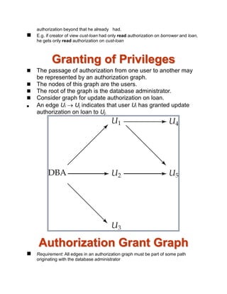 authorization beyond that he already had.
 E.g. if creator of view cust-loan had only read authorization on borrower and loan,
he gets only read authorization on cust-loan
Granting of Privileges
 The passage of authorization from one user to another may
be represented by an authorization graph.
 The nodes of this graph are the users.
 The root of the graph is the database administrator.
 Consider graph for update authorization on loan.
 An edge Ui  Uj indicates that user Ui has granted update
authorization on loan to Uj.
Authorization Grant Graph
 Requirement: All edges in an authorization graph must be part of some path
originating with the database administrator
 