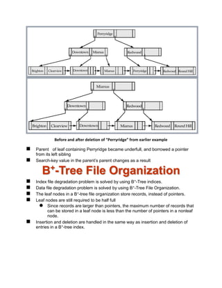 Before and after deletion of “Perryridge” from earlier example
 Parent of leaf containing Perryridge became underfull, and borrowed a pointer
from its left sibling
 Search-key value in the parent’s parent changes as a result
B+
-Tree File Organization
 Index file degradation problem is solved by using B+-Tree indices.
 Data file degradation problem is solved by using B+-Tree File Organization.
 The leaf nodes in a B+-tree file organization store records, instead of pointers.
 Leaf nodes are still required to be half full
 Since records are larger than pointers, the maximum number of records that
can be stored in a leaf node is less than the number of pointers in a nonleaf
node.
 Insertion and deletion are handled in the same way as insertion and deletion of
entries in a B+-tree index.
 