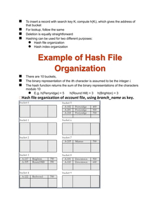  To insert a record with search key Ki, compute h(Ki), which gives the address of
that bucket
 For lookup, follow the same
 Deletion is equally straightforward
 Hashing can be used for two different purposes:
 Hash file organization
 Hash index organization
Example of Hash File
Organization
 There are 10 buckets,
 The binary representation of the ith character is assumed to be the integer i.
 The hash function returns the sum of the binary representations of the characters
modulo 10
 E.g. h(Perryridge) = 5 h(Round Hill) = 3 h(Brighton) = 3
Hash file organization of account file, using branch_name as key.
 