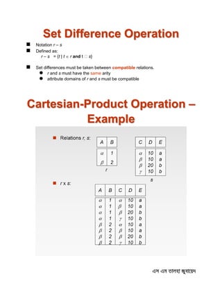 Set Difference Operation
 Notation r – s
 Defined as:
r – s = {t | t  r and s}
 Set differences must be taken between compatible relations.
 r and s must have the same arity
 attribute domains of r and s must be compatible
Cartesian-Product Operation –
Example
 