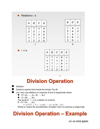 Division Operation
 Notation:
 Suited to queries that include the phrase “for all”.
 Let r and s be relations on schemas R and S respectively where
 R = (A1, …, Am , B1, …, Bn )
 S = (B1, …, Bn)
The result of r  s is a relation on schema
R – S = (A1, …, Am)
r  s = { t | t  R-S (r u  s ( tu r ) }
Where tu means the concatenation of tuples t and u to produce a single tuple
Division Operation – Example
 