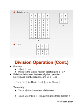 Division Operation (Cont.)
 Property
 Let q = r  s
 Then q is the largest relation satisfying q x s  r
 Definition in terms of the basic algebra operation
Let r(R) and s(S) be relations, and let S  R
r s R-S (r ) – R-S R-S (r ) x s ) – R-S,S(r ))
To see why
 R-S,S (r) simply reorders attributes of r
 R-S R-S (r ) x s ) – R-S,S(r) ) gives those tuples t in
 