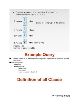 Example Query
 Find the names of all branches that have greater assets than all branches located
in Brooklyn.
select branch_name
from branch
where assets > all
(select assets
from branch
where branch_city = 'Brooklyn')
Definition of all Clause
 