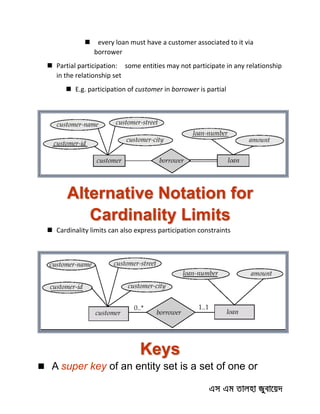  every loan must have a customer associated to it via
borrower
 Partial participation: some entities may not participate in any relationship
in the relationship set
 E.g. participation of customer in borrower is partial
Alternative Notation for
Cardinality Limits
 Cardinality limits can also express participation constraints
Keys
 A super key of an entity set is a set of one or
 