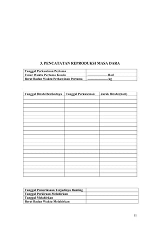 11
3. PENCATATAN REPRODUKSI MASA DARA
Tanggal Perkawinan Pertama
Umur Waktu Pertama Kawin .........................Hari
Berat Badan Waktu Perkawinan Pertama ......................... kg
Tanggal Birahi Berikutnya Tanggal Perkawinan Jarak Birahi (hari)
Tanggal Pemeriksaan Terjadinya Bunting
Tanggal Perkiraan Melahirkan
Tanggal Melahirkan
Berat Badan Waktu Melahirkan
 