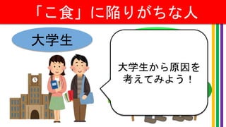 「こ食」に陥りがちな人
大学生 高齢者
大学生から原因を
考えてみよう！
 