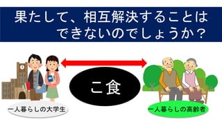 一人暮らしの大学生 一人暮らしの高齢者
こ食
果たして、相互解決することは
できないのでしょうか？
 