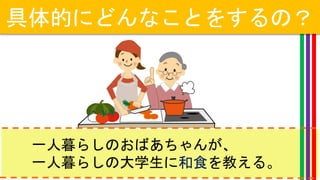 具体的にどんなことをするの？
一人暮らしのおばあちゃんが、
一人暮らしの大学生に和食を教える。
 