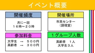 イベント概要
い
月に一回
１６時～２０時
開催頻度
市民センター
（調理室）
開催場所
大学生 → ５００円
高齢者 → ３００円
参加料金
高齢者 １人
大学生３人
１グループ人数
 