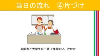 当日の流れ ④片づけ
高齢者と大学生が一緒に食器洗い、片付け
 