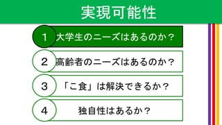 実現可能性
大学生のニーズはあるのか？
高齢者のニーズはあるのか？
「こ食」は解決できるか？
１
２
３
独自性はあるか？４
大学生のニーズはあるのか？１
 