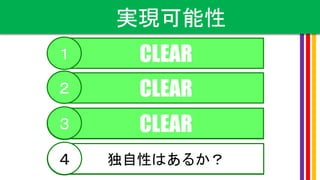 実現可能性
CLEAR
CLEAR
「こ食」は解決できるか？
１
２
３ CLEAR３
「こ食」は解決できるか？３ 独自性はあるか？４
 