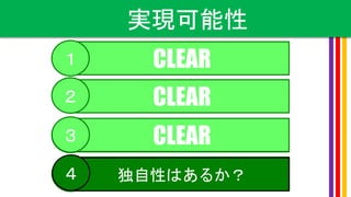 実現可能性
CLEAR
CLEAR
「こ食」は解決できるか？
１
２
３ CLEAR３
「こ食」は解決できるか？３ 独自性はあるか？４ 独自性はあるか？４
 