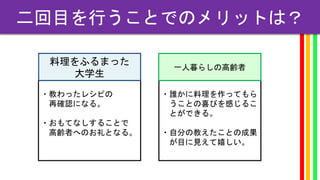 ・教わったレシピの
再確認になる。
・おもてなしすることで
高齢者へのお礼となる。
・誰かに料理を作ってもら
うことの喜びを感じるこ
とができる。
・自分の教えたことの成果
が目に見えて嬉しい。
料理をふるまった
大学生
一人暮らしの高齢者
二回目を行うことでのメリットは？
 