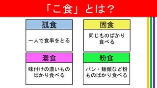 「こ食」とは？
い
一人で食事をとる
孤食
同じものばかり
食べる
固食
味付けの濃いもの
ばかり食べる
濃食
パン・麺類など粉
ものばかり食べる
粉食
 