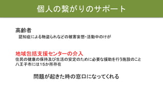 個人の繋がりのサポート
高齢者
認知症による物盗られなどの被害妄想・活動中のけが
地域包括支援センターの介入
住民の健康の保持及び生活の安定のために必要な援助を行う施設のこと
八王子市には１５か所存在
問題が起きた時の窓口になってくれる
 
