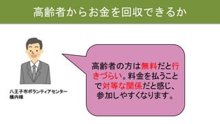 高齢者からお金を回収できるか
八王子市ボランティアセンター
横内様
高齢者の方は無料だと行
きづらい。料金を払うこと
で対等な関係だと感じ、
参加しやすくなります。
 