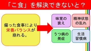 「こ食」を解決できないと？
偏った食事により
栄養バランスが
崩れる。
味覚の
衰え
生活
習慣病
精神状態
の乱れ
うつ病の
発症
 