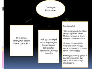 Cadangan
Kerakyatan
Pemberian
kerakyatan secara
liberal ( terbuka )
Hak yg sama kpd
smua wrganegara
tnpa mengira
bangsa atau
keturunan ( Prinsip
Jus soli )
Prinsip Jus Soli :
• Hak wrganegara dberi kpd
sesiapa yg lahir dTanah
Melayu / Singapura sblum
Malayan Union dumumkn.
•Brumur 18 tahun telah
mnetap d tanah Melayu
slama 10 thun drpd 15 tahun
sblum Februari 1942
• Sesorg yg mnetap 5 drpd 8
thun blh memohon dgn
syarat blh brbahsa mlyu
atau Inggeris.
 