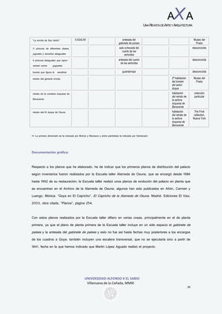UNIVERSIDAD ALFONSO X EL SABIO
Villanueva de la Cañada, MMXI
39
AXA
UNAREVISTADEARTEYARQUITECTURA
“La ermita de San Isidro” 0,42x0,40 antesala del
gabinete de países
Museo del
Prado
11 pinturas de diferentes clases,
juguetes y tamaños desiguales
sala ochavada del
cuarto de las
señoritas
desconocida
6 pinturas desiguales que repre-
sentan varios guguetes
antesala del cuarto
de las señoritas
desconocida
boceto que figura la vendimia guardarropa desconocida
retrato del general Urrutia 2ª habitación
del torreón
del señor
duque
Museo del
Prado
retrato de la condesa duquesa de
Benavente
habitación
del retrato de
la señora
duquesa de
Benavente
colección
particular
retrato del IX duque de Osuna habitación
del retrato de
la señora
duquesa de
Benavente
The Frick
collection,
Nueva York
** La primera dimensión es la indicada por Muñoz y Manzano y entre paréntesis la indicada por Sentenach.
Documentación gráfica:
Respecto a los planos que he elaborado, he de indicar que los primeros planos de distribución del palacio
según inventarios fueron realizados por la Escuela taller Alameda de Osuna, que se encargó desde 1986
hasta 1992 de su restauración; la Escuela taller realizó unos planos de evolución del palacio en planta que
se encuentran en el Archivo de la Alameda de Osuna; algunos han sido publicados en Añón, Carmen y
Luengo, Mónica. “Goya en El Capricho”, El Capricho de la Alameda de Osuna. Madrid. Ediciones El Viso,
2003, obra citada, “Planos”, página 254.
Con estos planos realizados por la Escuela taller difiero en varias cosas, principalmente en el de planta
primera, ya que el plano de planta primera de la Escuela taller incluye en un sólo espacio el gabinete de
países y la antesala del gabinete de países y esto no fue así hasta fechas muy posteriores a los encargos
de los cuadros a Goya; también incluyen una escalera transversal, que no se ejecutaría sino a partir de
1841, fecha en la que hemos indicado que Martín López Aguado realizó el proyecto.
 