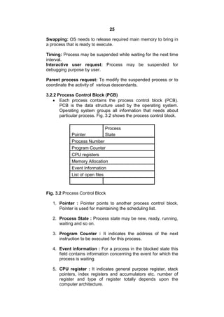 25
Swapping: OS needs to release required main memory to bring in
a process that is ready to execute.
Timing: Process may be suspended while waiting for the next time
interval.
Interactive user request: Process may be suspended for
debugging purpose by user.
Parent process request: To modify the suspended process or to
coordinate the activity of various descendants.
3.2.2 Process Control Block (PCB)
 Each process contains the process control block (PCB).
PCB is the data structure used by the operating system.
Operating system groups all information that needs about
particular process. Fig. 3.2 shows the process control block.
Pointer
Process
State
Process Number
Program Counter
CPU registers
Memory Allocation
Event Information
List of open files
Fig. 3.2 Process Control Block
1. Pointer : Pointer points to another process control block.
Pointer is used for maintaining the scheduling list.
2. Process State : Process state may be new, ready, running,
waiting and so on.
3. Program Counter : It indicates the address of the next
instruction to be executed for this process.
4. Event information : For a process in the blocked state this
field contains information concerning the event for which the
process is waiting.
5. CPU register : It indicates general purpose register, stack
pointers, index registers and accumulators etc. number of
register and type of register totally depends upon the
computer architecture.
 