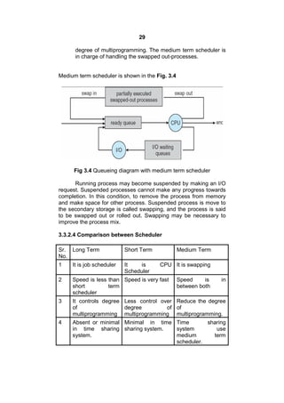 29
degree of multiprogramming. The medium term scheduler is
in charge of handling the swapped out-processes.
Medium term scheduler is shown in the Fig. 3.4
Fig 3.4 Queueing diagram with medium term scheduler
Running process may become suspended by making an I/O
request. Suspended processes cannot make any progress towards
completion. In this condition, to remove the process from memory
and make space for other process. Suspended process is move to
the secondary storage is called swapping, and the process is said
to be swapped out or rolled out. Swapping may be necessary to
improve the process mix.
3.3.2.4 Comparison between Scheduler
Sr.
No.
Long Term Short Term Medium Term
1 It is job scheduler It is CPU
Scheduler
It is swapping
2 Speed is less than
short term
scheduler
Speed is very fast Speed is in
between both
3 It controls degree
of
multiprogramming
Less control over
degree of
multiprogramming
Reduce the degree
of
multiprogramming.
4 Absent or minimal
in time sharing
system.
Minimal in time
sharing system.
Time sharing
system use
medium term
scheduler.
 