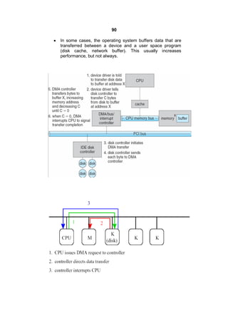 90
 In some cases, the operating system buffers data that are
transferred between a device and a user space program
(disk cache, network buffer). This usually increases
performance, but not always.
 