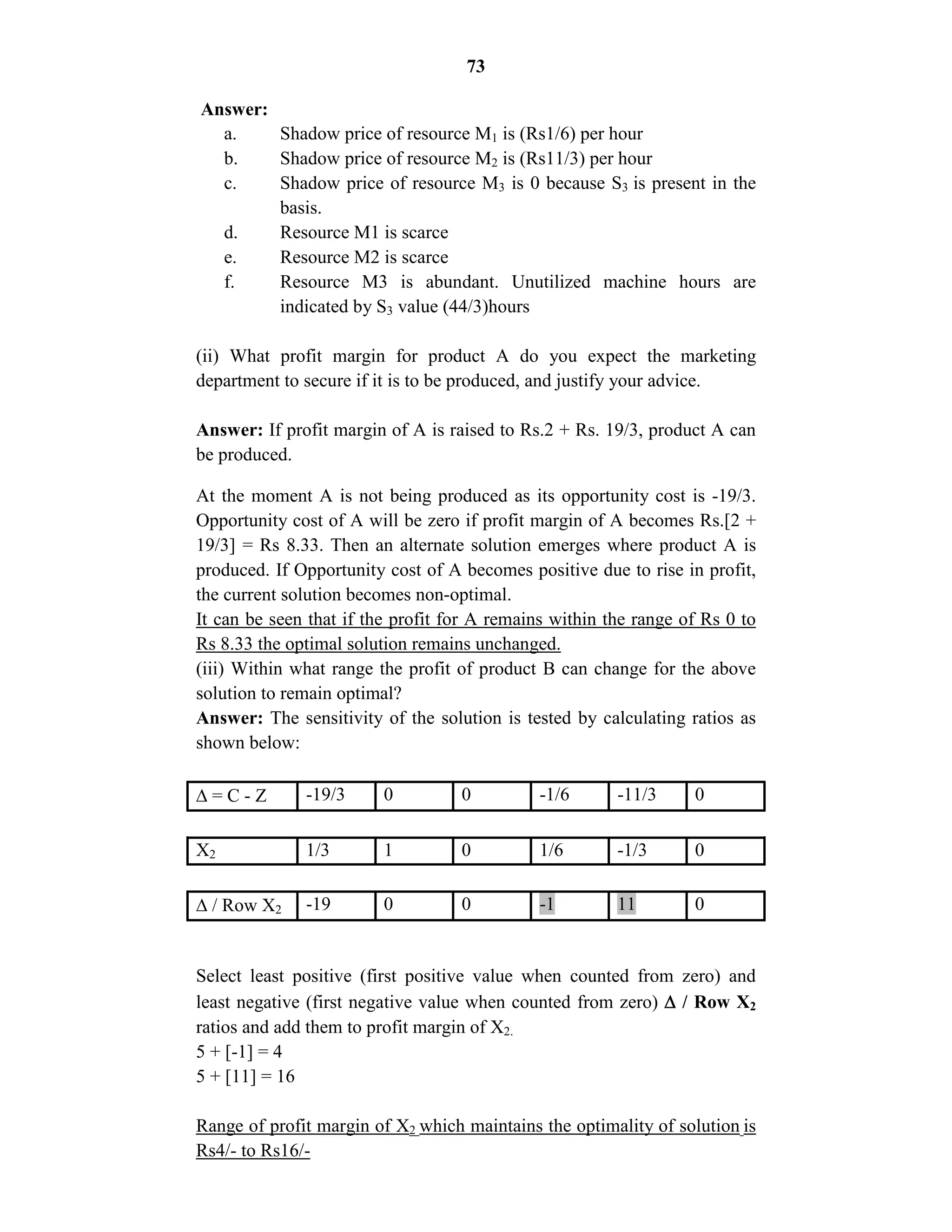 73
Answer:
a. Shadow price of resource M1 is (Rs1/6) per hour
b. Shadow price of resource M2 is (Rs11/3) per hour
c. Shadow price of resource M3 is 0 because S3 is present in the
basis.
d. Resource M1 is scarce
e. Resource M2 is scarce
f. Resource M3 is abundant. Unutilized machine hours are
indicated by S3 value (44/3)hours
(ii) What profit margin for product A do you expect the marketing
department to secure if it is to be produced, and justify your advice.
Answer: If profit margin of A is raised to Rs.2 + Rs. 19/3, product A can
be produced.
At the moment A is not being produced as its opportunity cost is -19/3.
Opportunity cost of A will be zero if profit margin of A becomes Rs.[2 +
19/3] = Rs 8.33. Then an alternate solution emerges where product A is
produced. If Opportunity cost of A becomes positive due to rise in profit,
the current solution becomes non-optimal.
It can be seen that if the profit for A remains within the range of Rs 0 to
Rs 8.33 the optimal solution remains unchanged.
(iii) Within what range the profit of product B can change for the above
solution to remain optimal?
Answer: The sensitivity of the solution is tested by calculating ratios as
shown below:
 = C - Z -19/3 0 0 -1/6 -11/3 0
X2 1/3 1 0 1/6 -1/3 0
 / Row X2 -19 0 0 -1 11 0
Select least positive (first positive value when counted from zero) and
least negative (first negative value when counted from zero)  / Row X2
ratios and add them to profit margin of X2.
5 + [-1] = 4
5 + [11] = 16
Range of profit margin of X2 which maintains the optimality of solution is
Rs4/- to Rs16/-
 