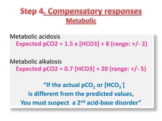 Metabolic acidosis
Expected pCO2 = 1.5 x [HCO3] + 8 (range: +/- 2)
Metabolic alkalosis
Expected pCO2 = 0.7 [HCO3] + 20 (range: +/- 5)
“If the actual pCO2 or [HCO3
-]
is different from the predicted values,
You must suspect a 2nd acid-base disorder”
 