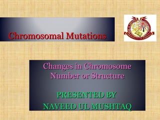 Chromosomal MutationsChromosomal Mutations
Changes in ChromosomeChanges in Chromosome
Number or StructureNumber or Structure
PRESENTED BYPRESENTED BY
NAVEED UL MUSHTAQNAVEED UL MUSHTAQ
 