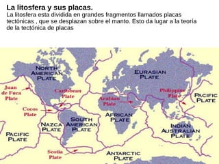 La litosfera y sus placas.
La litosfera esta dividida en grandes fragmentos llamados placas
tectónicas , que se desplazan sobre el manto. Esto da lugar a la teoría
de la tectónica de placas.
 