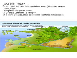¿Qué es el Relieve?
Es el conjunto de formas de la superficie terrestre.. ( Montañas, Mesetas,
Llanura, Lagos..)
Distinguimos, dos tipos de relieve:
1º El relieve Continental , o emergido.
2º el relieve Oceánico, el que se encuentra en el fondo de los océanos.
 