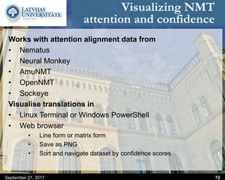 Visualizing NMT
attention and confidence
Works with attention alignment data from
• Nematus
• Neural Monkey
• AmuNMT
• OpenNMT
• Sockeye
Visualise translations in
• Linux Terminal or Windows PowerShell
• Web browser
• Line form or matrix form
• Save as PNG
• Sort and navigate dataset by confidence scores
September 27, 2017 72
 