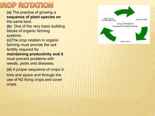 (a) The practice of growing a
sequence of plant species on
the same land.
(b) One of the very basic building
blocks of organic farming
systems.
(c)The crop rotation in organic
farming must provide the soil
fertility required for
maintaining productivity and it
must prevent problems with
weeds, pests and diseases.
(d) A proper sequence of crops in
time and space and through the
use of N2 fixing crops and cover
crops.
 