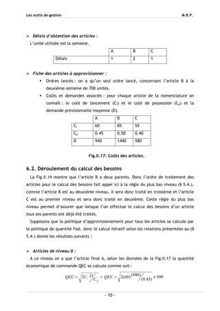 Les outils de gestion M.R.P.
- 10 -
Délais d’obtention des articles :
L’unité utilisée est la semaine.
A B C
Délais 1 2 1
Fiche des articles à approvisionner :
Ordres lancés : on a qu’un seul ordre lancé, concernant l’article B à la
deuxième semaine de 700 unités.
Coûts et demandes associés : pour chaque article de la nomenclature on
connaît : le coût de lancement (Cl) et le coût de possession (Cp) et la
demande prévisionnelle moyenne (D).
A B C
Cl 60 85 55
Cp 0.45 0.50 0.40
D 940 1440 580
Fig.II.17: Coûts des articles.
6.2. Déroulement du calcul des besoins
La Fig.II.14 montre que l’article B a deux parents. Donc l’ordre de traitement des
articles pour le calcul des besoins fait appel ici à la règle du plus bas niveau (§ 5.4.),
comme l’article B est au deuxième niveau, il sera donc traité en troisième et l’article
C est au premier niveau et sera donc traité en deuxième. Cette règle du plus bas
niveau permet d’assurer que lorsque l’on effectue le calcul des besoins d’un article
tous ses parents ont déjà été traités.
Supposons que la politique d’approvisionnement pour tous les articles se calcule par
la politique de quantité fixé, donc le calcul itératif selon les relations présentées au (§
5.4.) donne les résultats suivants :
Articles de niveau 0 :
A ce niveau on a que l’article final A, selon les données de la Fig.II.17 la quantité
économique de commande QEC se calcule comme suit :
p
l C
DCQEC 2= = 500
)45.0(
)940()60(2 ≈=QEC
 