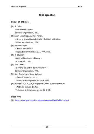Les outils de gestion M.R.P.
- 13 -
Bibliographie
Livres et articles
[1] : E. Salin.
« Gestion des Stocks »
Edition d’Organisation, 1987.
[2] : Jean-Louis Brossard, Marc Polizzi.
« Gerer la production industrielle : Outils et méthodes »
Edition Mare Nostrum, 1996.
[3] : Armand Dayan.
« Manuel de Gestion »
Ellipses Edition Marketing S.A., 1999, Paris.
[4]: J. ORLICKY.
«Material Requirement Planing »
McGraw-Hill, 1994.
[5]: Yves CRAMA.
«Eléments de gestion de la production »
Edition d’Organisation, 1998.
[6] : Guy Doumeingts, Bruno Vallespir.
« Gestion de production »
Technique de l’ingénieur, article A 8 265.
[7] : David H. BLACKLOCK, Georges COTONNEC et Samir LAMOURI.
« Modes de pilotage des flux »
Technique de l’ingénieur, article AG 5 160.
Sites web
[8] : http://www.gmc.ulaval.ca/daouda/Module%204%20MRP-final.pdf
 