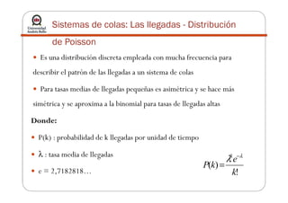 Sistemas de colas: Las llegadas - Distribución
de Poisson
Es una distribución discreta empleada con mucha frecuencia para
describir el patrón de las llegadas a un sistema de colas
Para tasas medias de llegadas pequeñas es asimétrica y se hace más
simétrica y se aproxima a la binomial para tasas de llegadas altassimétrica y se aproxima a la binomial para tasas de llegadas altas
Donde:
P(k) : probabilidad de k llegadas por unidad de tiempo
λ : tasa media de llegadas
e = 2,7182818… !
)(
k
e
kP
k λ
λ −
=
 
