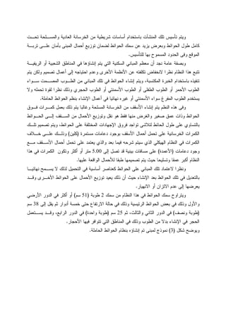 ‫ﺸﺭﻴﻁ‬ ‫ﺃﺴﺎﺴﺎﺕ‬ ‫ﺒﺎﺴﺘﺨﺩﺍﻡ‬ ‫ﺍﻝﻤﻨﺸﺂﺕ‬ ‫ﺘﻠﻙ‬ ‫ﺘﺄﺴﻴﺱ‬ ‫ﻭﻴﺘﻡ‬‫ﺘﺤـﺕ‬ ‫ﻭﺍﻝﻤﺴـﻠﺤﺔ‬ ‫ﺍﻝﻌﺎﺩﻴﺔ‬ ‫ﺍﻝﺨﺭﺴﺎﻨﺔ‬ ‫ﻤﻥ‬ ‫ﻴﺔ‬
‫ﺘﺭﺒـﺔ‬ ‫ﻋﻠـﻰ‬ ‫ﺒﺄﻤﺎﻥ‬ ‫ﺍﻝﻤﺒﻨﻰ‬ ‫ﺃﺤﻤﺎل‬ ‫ﺘﻭﺯﻴﻊ‬ ‫ﻝﻀﻤﺎﻥ‬ ‫ﺍﻝﺤﻭﺍﺌﻁ‬ ‫ﺴﻤﻙ‬ ‫ﻋﻥ‬ ‫ﻴﺯﻴﺩ‬ ‫ﻭﺒﻌﺭﺽ‬ ‫ﺍﻝﺤﻭﺍﺌﻁ‬ ‫ﻁﻭل‬ ‫ﻜﺎﻤل‬
‫ﻝﻠﺘﺄﺴﻴﺱ‬ ‫ﺒﻬﺎ‬ ‫ﺍﻝﻤﺴﻤﻭﺡ‬ ‫ﺍﻝﺤﺩﻭﺩ‬ ‫ﻭﻓﻰ‬ ‫ﺍﻝﻤﻭﻗﻊ‬.
‫ﺍﻝﺭﻴﻔﻴـﺔ‬ ‫ﺃﻭ‬ ‫ﺍﻝﺸﻌﺒﻴﺔ‬ ‫ﺍﻝﻤﻨﺎﻁﻕ‬ ‫ﻓﻲ‬ ‫ﺇﻨﺸﺎﺅﻫﺎ‬ ‫ﻴﺘﻡ‬ ‫ﺍﻝﺘﻲ‬ ‫ﺍﻝﺴﻜﻨﻴﺔ‬ ‫ﺍﻝﻤﺒﺎﻨﻲ‬ ‫ﻤﻌﻅﻡ‬ ‫ﺃﻥ‬ ‫ﻨﺠﺩ‬ ‫ﻋﺎﻤﺔ‬ ‫ﻭﺒﺼﻔﺔ‬
‫ﺍﻝﻨ‬ ‫ﻫﺫﺍ‬ ‫ﺘﺘﺒﻊ‬‫ﻴﺘﻡ‬ ‫ﻭﻝﻜﻥ‬ ‫ﺘﺼﻤﻴﻡ‬ ‫ﺃﻋﻤﺎل‬ ‫ﺇﻝﻰ‬ ‫ﺍﺤﺘﻴﺎﺠﻪ‬ ‫ﻭﻋﺩﻡ‬ ‫ﺍﻷﺨﺭﻯ‬ ‫ﺍﻷﻨﻅﻤﺔ‬ ‫ﻋﻥ‬ ‫ﺘﻜﻠﻔﺘﻪ‬ ‫ﻻﻨﺨﻔﺎﺽ‬ ‫ﻨﻅﺭﺍ‬ ‫ﻅﺎﻡ‬
‫ﺴـﻭﺍﺀ‬ ‫ﺍﻝﻤﺼـﻤﺕ‬ ‫ﺍﻝﻁـﻭﺏ‬ ‫ﻤﻥ‬ ‫ﺍﻝﻤﺒﺎﻨﻲ‬ ‫ﺘﻠﻙ‬ ‫ﻓﻲ‬ ‫ﺍﻝﺤﻭﺍﺌﻁ‬ ‫ﺇﻨﺸﺎﺀ‬ ‫ﻭﻴﺘﻡ‬ ،‫ﺍﻝﻤﻜﺘﺴﺒﺔ‬ ‫ﺍﻝﺨﺒﺭﺓ‬ ‫ﺒﺎﺴﺘﺨﺩﺍﻡ‬ ‫ﺘﻨﻔﻴﺫﻩ‬
‫ﻭﻻ‬ ‫ﺘﺤﻤﻠﻪ‬ ‫ﻝﻘﻭﺓ‬ ‫ﻨﻅﺭﺍ‬ ‫ﻭﺫﻝﻙ‬ ‫ﺍﻝﺤﺠﺭﻱ‬ ‫ﺍﻝﻁﻭﺏ‬ ‫ﺃﻭ‬ ‫ﺍﻷﺴﻤﻨﺘﻲ‬ ‫ﺍﻝﻁﻭﺏ‬ ‫ﺃﻭ‬ ‫ﺍﻝﻁﻔﻠﻰ‬ ‫ﺍﻝﻁﻭﺏ‬ ‫ﺃﻭ‬ ‫ﺍﻷﺤﻤﺭ‬ ‫ﺍﻝﻁﻭﺏ‬
‫ﺍﻝﺤﺎﻤﻠﺔ‬ ‫ﺍﻝﺤﻭﺍﺌﻁ‬ ‫ﺒﻨﻅﻡ‬ ‫ﺍﻹﻨﺸﺎﺀ‬ ‫ﺃﻋﻤﺎل‬ ‫ﻓﻲ‬ ‫ﻨﻬﺎﺌﻴﺎ‬ ‫ﻏﻴﺭﻩ‬ ‫ﺃﻭ‬ ‫ﺍﻷﺴﻤﻨﺘﻲ‬ ‫ﺴﻭﺍﺀ‬ ‫ﺍﻝﻤﻔﺭﻍ‬ ‫ﺍﻝﻁﻭﺏ‬ ‫ﻴﺴﺘﺨﺩﻡ‬.
‫ﻓـﻭﻕ‬ ‫ﻜﻤـﺭﺍﺕ‬ ‫ﺒﻌﻤل‬ ‫ﺫﻝﻙ‬ ‫ﻴﺘﻡ‬ ‫ﻭﻏﺎﻝﺒﺎ‬ ‫ﺍﻝﻤﺴﻠﺤﺔ‬ ‫ﺍﻝﺨﺭﺴﺎﻨﺔ‬ ‫ﻤﻥ‬ ‫ﺍﻷﺴﻘﻑ‬ ‫ﺇﻨﺸﺎﺀ‬ ‫ﻴﺘﻡ‬ ‫ﺍﻝﻨﻅﻡ‬ ‫ﻫﺫﻩ‬ ‫ﻭﻓﻰ‬
‫ﺍﻝﺤـﻭﺍﺌﻁ‬ ‫ﺇﻝـﻰ‬ ‫ﺍﻝﺴـﻘﻑ‬ ‫ﻤﻥ‬ ‫ﺍﻷﺤﻤﺎل‬ ‫ﻭﺘﻭﺯﻴﻊ‬ ‫ﻨﻘل‬ ‫ﻫﻭ‬ ‫ﻓﻘﻁ‬ ‫ﻤﻨﻬﺎ‬ ‫ﻭﺍﻝﻐﺭﺽ‬ ‫ﺼﻐﻴﺭ‬ ‫ﻋﻤﻕ‬ ‫ﻭﺫﺍﺕ‬ ‫ﺍﻝﺤﻭﺍﺌﻁ‬
‫ﺒﺎﻝﺘﺴﺎ‬‫ﺘﻠـﻙ‬ ‫ﺘﺼﻤﻴﻡ‬ ‫ﻭﻴﺘﻡ‬ ،‫ﺍﻝﺤﻭﺍﺌﻁ‬ ‫ﻋﻠﻰ‬ ‫ﺍﻝﻤﺨﺘﻠﻔﺔ‬ ‫ﺍﻹﺠﻬﺎﺩﺍﺕ‬ ‫ﻓﺭﻭﻕ‬ ‫ﺘﻭﺍﺠﺩ‬ ‫ﻝﺘﻼﺸﻰ‬ ‫ﺍﻝﺤﺎﺌﻁ‬ ‫ﻁﻭل‬ ‫ﻋﻠﻰ‬ ‫ﻭﻱ‬
‫ﻤﺴﺘﻤﺭﺓ‬ ‫ﺩﻋﺎﻤﺎﺕ‬ ‫ﺒﻭﺠﻭﺩ‬ ‫ﺍﻷﺴﻘﻑ‬ ‫ﺃﺤﻤﺎل‬ ‫ﺘﺤﻤل‬ ‫ﻋﻠﻰ‬ ‫ﺍﻝﺨﺭﺴﺎﻨﻴﺔ‬ ‫ﺍﻝﻜﻤﺭﺍﺕ‬)‫ﻜﻠﻴﻥ‬(‫ﺨـﻼﻑ‬ ‫ﻋﻠـﻰ‬ ‫ﻭﺫﻝـﻙ‬
‫ﻤـﻊ‬ ‫ﺍﻷﺴـﻘﻑ‬ ‫ﺃﺤﻤﺎل‬ ‫ﺘﺤﻤل‬ ‫ﻋﻠﻰ‬ ‫ﻴﻌﺘﻤﺩ‬ ‫ﻭﺍﻝﺫﻱ‬ ‫ﺒﻌﺩ‬ ‫ﻓﻴﻤﺎ‬ ‫ﺸﺭﺤﻪ‬ ‫ﺴﻴﺘﻡ‬ ‫ﺍﻝﺫﻱ‬ ‫ﺍﻝﻬﻴﻜﻠﻲ‬ ‫ﺍﻝﻨﻅﺎﻡ‬ ‫ﻓﻲ‬ ‫ﺍﻝﻜﻤﺭﺍﺕ‬
‫ﻭﺠﻭﺩ‬‫ﺩﻋﺎﻤﺎﺕ‬)‫ﺍﻷﻋﻤﺩﺓ‬(‫ﺇﻝﻰ‬ ‫ﺘﺼل‬ ‫ﻗﺩ‬ ‫ﺒﻴﻨﻴﺔ‬ ‫ﻤﺴﺎﻓﺎﺕ‬ ‫ﻋﻠﻰ‬5.00‫ﻫﺫﺍ‬ ‫ﻓﻲ‬ ‫ﺍﻝﻜﻤﺭﺍﺕ‬ ‫ﻭﺘﻜﻭﻥ‬ ‫ﺃﻜﺜﺭ‬ ‫ﺃﻭ‬ ‫ﻤﺘﺭ‬
‫ﻋﻠﻴﻬﺎ‬ ‫ﺍﻝﻭﺍﻗﻌﺔ‬ ‫ﻝﻸﺤﻤﺎل‬ ‫ﻁﺒﻘﺎ‬ ‫ﺘﺼﻤﻴﻤﻬﺎ‬ ‫ﻴﺘﻡ‬ ‫ﺤﻴﺙ‬ ‫ﻭﺘﺴﻠﻴﺤﺎ‬ ‫ﻋﻤﻘﺎ‬ ‫ﺃﻜﺒﺭ‬ ‫ﺍﻝﻨﻅﺎﻡ‬.
‫ﻨﻬﺎﺌﻴـﺎ‬ ‫ﻴﺴـﻤﺢ‬ ‫ﻻ‬ ‫ﻝﺫﻝﻙ‬ ‫ﺍﻝﺘﺤﻤﻴل‬ ‫ﻓﻲ‬ ‫ﺃﺴﺎﺴﻴﺔ‬ ‫ﻜﻌﻨﺎﺼﺭ‬ ‫ﺍﻝﺤﻭﺍﺌﻁ‬ ‫ﻋﻠﻰ‬ ‫ﺍﻝﻤﺒﺎﻨﻲ‬ ‫ﺘﻠﻙ‬ ‫ﻻﻋﺘﻤﺎﺩ‬ ‫ﻭﻨﻅﺭﺍ‬
‫ﺍﻝﺤﻭ‬ ‫ﺘﻠﻙ‬ ‫ﻓﻲ‬ ‫ﺒﺎﻝﺘﻌﺩﻴل‬‫ﻭﻗـﺩ‬ ‫ﺍﻷﺨـﺭﻯ‬ ‫ﺍﻝﺤﻭﺍﺌﻁ‬ ‫ﻋﻠﻰ‬ ‫ﺍﻷﺤﻤﺎل‬ ‫ﺘﻭﺯﻴﻊ‬ ‫ﻴﻌﻴﺩ‬ ‫ﺫﻝﻙ‬ ‫ﺃﻥ‬ ‫ﺤﻴﺙ‬ ‫ﺍﻹﻨﺸﺎﺀ‬ ‫ﺒﻌﺩ‬ ‫ﺍﺌﻁ‬
‫ﺍﻻﻨﻬﻴﺎﺭ‬ ‫ﺃﻭ‬ ‫ﺍﻻﺘﺯﺍﻥ‬ ‫ﻋﺩﻡ‬ ‫ﺇﻝﻰ‬ ‫ﻴﻌﺭﻀﻬﺎ‬.
‫ﺴﻤﻙ‬ ‫ﻤﻥ‬ ‫ﺍﻝﻨﻅﺎﻡ‬ ‫ﻫﺫﺍ‬ ‫ﻓﻲ‬ ‫ﺍﻝﺤﻭﺍﺌﻁ‬ ‫ﺴﻤﻙ‬ ‫ﻭﻴﺘﺭﺍﻭﺡ‬2‫ﻁﻭﺒﺔ‬)51‫ﺴﻡ‬(‫ﺍﻷﺭﻀﻲ‬ ‫ﺍﻝﺩﻭﺭ‬ ‫ﻓﻲ‬ ‫ﺃﻜﺜﺭ‬ ‫ﺃﻭ‬
‫ﺃﺩﻭﺍ‬ ‫ﺨﻤﺴﺔ‬ ‫ﺤﺘﻰ‬ ‫ﺍﻻﺭﺘﻔﺎﻉ‬ ‫ﺤﺎﻝﺔ‬ ‫ﻓﻲ‬ ‫ﻭﺫﻝﻙ‬ ‫ﺍﻝﺭﺌﻴﺴﻴﺔ‬ ‫ﺍﻝﺤﻭﺍﺌﻁ‬ ‫ﺒﻌﺽ‬ ‫ﻓﻲ‬ ‫ﻭﺫﻝﻙ‬ ‫ﻭﺍﻷﻭل‬‫ﻴﻘل‬ ‫ﺜﻡ‬ ‫ﺭ‬‫ﺇﻝﻰ‬38‫ﺴﻡ‬
)‫ﻭﻨﺼﻑ‬ ‫ﻁﻭﺒﺔ‬(‫ﺜﻡ‬ ،‫ﻭﺍﻝﺜﺎﻝﺙ‬ ‫ﺍﻝﺜﺎﻨﻲ‬ ‫ﺍﻝﺩﻭﺭ‬ ‫ﻓﻲ‬25‫ﺴﻡ‬)‫ﻭﺍﺤﺩﺓ‬ ‫ﻁﻭﺒﺔ‬(‫ﻴﺴـﺘﻌﻤل‬ ‫ﻭﻗـﺩ‬ ،‫ﺍﻝﺭﺍﺒﻊ‬ ‫ﺍﻝﺩﻭﺭ‬ ‫ﻓﻲ‬
‫ﺍﻷﺤﺠﺎﺭ‬ ‫ﻓﻴﻬﺎ‬ ‫ﺘﺘﻭﺍﻓﺭ‬ ‫ﺍﻝﺘﻲ‬ ‫ﺍﻝﻤﻨﺎﻁﻕ‬ ‫ﻓﻲ‬ ‫ﻭﺫﻝﻙ‬ ‫ﺍﻝﻁﻭﺏ‬ ‫ﻤﻥ‬ ‫ﺒﺩﻻ‬ ‫ﺍﻹﻨﺸﺎﺀ‬ ‫ﻓﻲ‬ ‫ﺍﻝﺤﺠﺭ‬.
‫ﺸﻜل‬ ‫ﻭﻴﻭﻀﺢ‬)3(‫ﺍﻝﺤﺎﻤﻠﺔ‬ ‫ﺍﻝﺤﻭﺍﺌﻁ‬ ‫ﺒﻨﻅﺎﻡ‬ ‫ﺇﻨﺸﺎﺅﻩ‬ ‫ﺘﻡ‬ ‫ﻝﻤﺒﻨﻰ‬ ‫ﻨﻤﻭﺫﺝ‬.
 