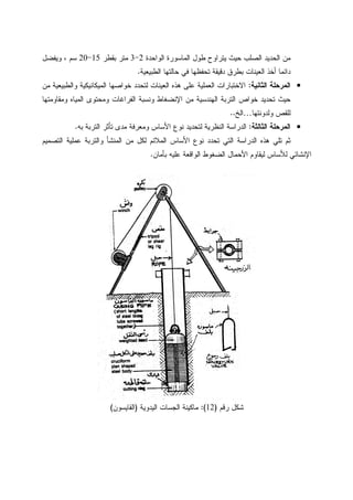 ‫ﺍﻝﻭﺍﺤﺩﺓ‬ ‫ﺍﻝﻤﺎﺴﻭﺭﺓ‬ ‫ﻁﻭل‬ ‫ﻴﺘﺭﺍﻭﺡ‬ ‫ﺤﻴﺙ‬ ‫ﺍﻝﺼﻠﺏ‬ ‫ﺍﻝﺤﺩﻴﺩ‬ ‫ﻤﻥ‬2-3‫ﺒﻘﻁﺭ‬ ‫ﻤﺘﺭ‬15-20‫ﻭﻴﻔﻀل‬ ، ‫ﺴﻡ‬
‫ﺍﻝﻁﺒﻴﻌﻴﺔ‬ ‫ﺤﺎﻝﺘﻬﺎ‬ ‫ﻓﻲ‬ ‫ﺘﺤﻔﻅﻬﺎ‬ ‫ﺩﻗﻴﻘﺔ‬ ‫ﺒﻁﺭﻕ‬ ‫ﺍﻝﻌﻴﻨﺎﺕ‬ ‫ﺃﺨﺫ‬ ‫ﺩﺍﺌﻤﺎ‬.
•‫ﺍﻝﺜﺎﻨﻴﺔ‬ ‫ﺍﻝﻤﺭﺤﻠﺔ‬:‫ﻤﻥ‬ ‫ﻭﺍﻝﻁﺒﻴﻌﻴﺔ‬ ‫ﺍﻝﻤﻴﻜﺎﻨﻴﻜﻴﺔ‬ ‫ﺨﻭﺍﺼﻬﺎ‬ ‫ﻝﺘﺤﺩﺩ‬ ‫ﺍﻝﻌﻴﻨﺎﺕ‬ ‫ﻫﺫﻩ‬ ‫ﻋﻠﻰ‬ ‫ﺍﻝﻌﻤﻠﻴﺔ‬ ‫ﺍﻻﺨﺘﺒﺎﺭﺍﺕ‬
‫ﺨﻭﺍ‬ ‫ﺘﺤﺩﻴﺩ‬ ‫ﺤﻴﺙ‬‫ﻭﻤﻘﺎﻭﻤﺘﻬﺎ‬ ‫ﺍﻝﻤﻴﺎﻩ‬ ‫ﻭﻤﺤﺘﻭﻯ‬ ‫ﺍﻝﻔﺭﺍﻏﺎﺕ‬ ‫ﻭﻨﺴﺒﺔ‬ ‫ﺍﻹﻨﻀﻐﺎﻁ‬ ‫ﻤﻥ‬ ‫ﺍﻝﻬﻨﺩﺴﻴﺔ‬ ‫ﺍﻝﺘﺭﺒﺔ‬ ‫ﺹ‬
‫ﻭﻝﺩﻭﻨﺘﻬﺎ‬ ‫ﻝﻠﻘﺹ‬…‫ﺍﻝﺦ‬..
•‫ﺍﻝﺜﺎﻝﺜﺔ‬ ‫ﺍﻝﻤﺭﺤﻠﺔ‬:‫ﺒﻪ‬ ‫ﺍﻝﺘﺭﺒﺔ‬ ‫ﺘﺄﺜﺭ‬ ‫ﻤﺩﻯ‬ ‫ﻭﻤﻌﺭﻓﺔ‬ ‫ﺍﻷﺴﺎﺱ‬ ‫ﻨﻭﻉ‬ ‫ﻝﺘﺤﺩﻴﺩ‬ ‫ﺍﻝﻨﻅﺭﻴﺔ‬ ‫ﺍﻝﺩﺭﺍﺴﺔ‬.
‫ﺍﻝﺘﺼﻤﻴﻡ‬ ‫ﻋﻤﻠﻴﺔ‬ ‫ﻭﺍﻝﺘﺭﺒﺔ‬ ‫ﺍﻝﻤﻨﺸﺄ‬ ‫ﻤﻥ‬ ‫ﻝﻜل‬ ‫ﺍﻝﻤﻼﺌﻡ‬ ‫ﺍﻷﺴﺎﺱ‬ ‫ﻨﻭﻉ‬ ‫ﺘﺤﺩﺩ‬ ‫ﺍﻝﺘﻲ‬ ‫ﺍﻝﺩﺭﺍﺴﺔ‬ ‫ﻫﺫﻩ‬ ‫ﺘﻠﻲ‬ ‫ﺜﻡ‬
‫ﺍﻹﻨﺸ‬‫ﺒﺄﻤﺎﻥ‬ ‫ﻋﻠﻴﻪ‬ ‫ﺍﻝﻭﺍﻗﻌﺔ‬ ‫ﺍﻝﻀﻐﻭﻁ‬ ‫ﺍﻷﺤﻤﺎل‬ ‫ﻝﻴﻘﺎﻭﻡ‬ ‫ﻝﻸﺴﺎﺱ‬ ‫ﺎﺌﻲ‬.
‫ﺭﻗﻡ‬ ‫ﺸﻜل‬)12(:‫ﺍﻝﻴﺩﻭﻴﺔ‬ ‫ﺍﻝﺠﺴﺎﺕ‬ ‫ﻤﺎﻜﻴﻨﺔ‬)‫ﺍﻝﻘﺎ‬‫ﻴ‬‫ﺴﻭﻥ‬(
 