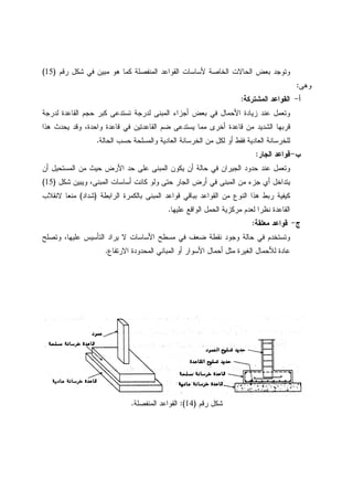 ‫ﺭﻗﻡ‬ ‫ﺸﻜل‬ ‫ﻓﻲ‬ ‫ﻤﺒﻴﻥ‬ ‫ﻫﻭ‬ ‫ﻜﻤﺎ‬ ‫ﺍﻝﻤﻨﻔﺼﻠﺔ‬ ‫ﺍﻝﻘﻭﺍﻋﺩ‬ ‫ﻷﺴﺎﺴﺎﺕ‬ ‫ﺍﻝﺨﺎﺼﺔ‬ ‫ﺍﻝﺤﺎﻻﺕ‬ ‫ﺒﻌﺽ‬ ‫ﻭﺘﻭﺠﺩ‬)15(
‫ﻭﻫﻰ‬:
‫ﺃ‬-‫ﺍﻝﻤﺸﺘﺭﻜﺔ‬ ‫ﺍﻝﻘﻭﺍﻋﺩ‬:
‫ﻝﺩﺭﺠﺔ‬ ‫ﺍﻝﻘﺎﻋﺩﺓ‬ ‫ﺤﺠﻡ‬ ‫ﻜﺒﺭ‬ ‫ﺘﺴﺘﺩﻋﻰ‬ ‫ﻝﺩﺭﺠﺔ‬ ‫ﺍﻝﻤﺒﻨﻰ‬ ‫ﺃﺠﺯﺍﺀ‬ ‫ﺒﻌﺽ‬ ‫ﻓﻲ‬ ‫ﺍﻷﺤﻤﺎل‬ ‫ﺯﻴﺎﺩﺓ‬ ‫ﻋﻨﺩ‬ ‫ﻭﺘﻌﻤل‬
‫ﻗﺭﺒﻬ‬‫ﻫﺫﺍ‬ ‫ﻴﺤﺩﺙ‬ ‫ﻭﻗﺩ‬ ،‫ﻭﺍﺤﺩﺓ‬ ‫ﻗﺎﻋﺩﺓ‬ ‫ﻓﻲ‬ ‫ﺍﻝﻘﺎﻋﺩﺘﻴﻥ‬ ‫ﻀﻡ‬ ‫ﻴﺴﺘﺩﻋﻰ‬ ‫ﻤﻤﺎ‬ ‫ﺃﺨﺭﻯ‬ ‫ﻗﺎﻋﺩﺓ‬ ‫ﻤﻥ‬ ‫ﺍﻝﺸﺩﻴﺩ‬ ‫ﺎ‬
‫ﺍﻝﺤﺎﻝﺔ‬ ‫ﺤﺴﺏ‬ ‫ﻭﺍﻝﻤﺴﻠﺤﺔ‬ ‫ﺍﻝﻌﺎﺩﻴﺔ‬ ‫ﺍﻝﺨﺭﺴﺎﻨﺔ‬ ‫ﻤﻥ‬ ‫ﻝﻜل‬ ‫ﺃﻭ‬ ‫ﻓﻘﻁ‬ ‫ﺍﻝﻌﺎﺩﻴﺔ‬ ‫ﻝﻠﺨﺭﺴﺎﻨﺔ‬.
‫ﺏ‬-‫ﺍﻝﺠﺎﺭ‬ ‫ﻗﻭﺍﻋﺩ‬:
‫ﺃﻥ‬ ‫ﺍﻝﻤﺴﺘﺤﻴل‬ ‫ﻤﻥ‬ ‫ﺤﻴﺙ‬ ‫ﺍﻷﺭﺽ‬ ‫ﺤﺩ‬ ‫ﻋﻠﻰ‬ ‫ﺍﻝﻤﺒﻨﻰ‬ ‫ﻴﻜﻭﻥ‬ ‫ﺃﻥ‬ ‫ﺤﺎﻝﺔ‬ ‫ﻓﻲ‬ ‫ﺍﻝﺠﻴﺭﺍﻥ‬ ‫ﺤﺩﻭﺩ‬ ‫ﻋﻨﺩ‬ ‫ﻭﺘﻌﻤل‬
‫ﺍﻝﻤ‬ ‫ﻤﻥ‬ ‫ﺠﺯﺀ‬ ‫ﺃﻱ‬ ‫ﻴﺘﺩﺍﺨل‬‫ﺸﻜل‬ ‫ﻭﻴﺒﻴﻥ‬ ،‫ﺍﻝﻤﺒﻨﻰ‬ ‫ﺃﺴﺎﺴﺎﺕ‬ ‫ﻜﺎﻨﺕ‬ ‫ﻭﻝﻭ‬ ‫ﺤﺘﻰ‬ ‫ﺍﻝﺠﺎﺭ‬ ‫ﺃﺭﺽ‬ ‫ﻓﻲ‬ ‫ﺒﻨﻰ‬)15(
‫ﺍﻝﺭﺍﺒﻁﺔ‬ ‫ﺒﺎﻝﻜﻤﺭﺓ‬ ‫ﺍﻝﻤﺒﻨﻰ‬ ‫ﻗﻭﺍﻋﺩ‬ ‫ﺒﺒﺎﻗﻲ‬ ‫ﺍﻝﻘﻭﺍﻋﺩ‬ ‫ﻤﻥ‬ ‫ﺍﻝﻨﻭﻉ‬ ‫ﻫﺫﺍ‬ ‫ﺭﺒﻁ‬ ‫ﻜﻴﻔﻴﺔ‬)‫ﺸﺩﺍﺩ‬(‫ﻻﻨﻘﻼﺏ‬ ‫ﻤﻨﻌﺎ‬
‫ﻋﻠﻴﻬﺎ‬ ‫ﺍﻝﻭﺍﻗﻊ‬ ‫ﺍﻝﺤﻤل‬ ‫ﻤﺭﻜﺯﻴﺔ‬ ‫ﻝﻌﺩﻡ‬ ‫ﻨﻅﺭﺍ‬ ‫ﺍﻝﻘﺎﻋﺩﺓ‬.
‫ﺝ‬-‫ﻤﻌﻠﻘﺔ‬ ‫ﻗﻭﺍﻋﺩ‬:
‫ﻴ‬ ‫ﻻ‬ ‫ﺍﻷﺴﺎﺴﺎﺕ‬ ‫ﻤﺴﻁﺢ‬ ‫ﻓﻲ‬ ‫ﻀﻌﻑ‬ ‫ﻨﻘﻁﺔ‬ ‫ﻭﺠﻭﺩ‬ ‫ﺤﺎﻝﺔ‬ ‫ﻓﻲ‬ ‫ﻭﺘﺴﺘﺨﺩﻡ‬‫ﻭﺘﺼﻠﺢ‬ ،‫ﻋﻠﻴﻬﺎ‬ ‫ﺍﻝﺘﺄﺴﻴﺱ‬ ‫ﺭﺍﺩ‬
‫ﺍﻻﺭﺘﻔﺎﻉ‬ ‫ﺍﻝﻤﺤﺩﻭﺩﺓ‬ ‫ﺍﻝﻤﺒﺎﻨﻲ‬ ‫ﺃﻭ‬ ‫ﺍﻷﺴﻭﺍﺭ‬ ‫ﺃﺤﻤﺎل‬ ‫ﻤﺜل‬ ‫ﺍﻝﻐﻴﺭﺓ‬ ‫ﻝﻸﺤﻤﺎل‬ ‫ﻋﺎﺩﺓ‬.
‫ﺭﻗﻡ‬ ‫ﺸﻜل‬)14:(‫ﺍﻝﻤﻨﻔﺼﻠﺔ‬ ‫ﺍﻝﻘﻭﺍﻋﺩ‬.
 