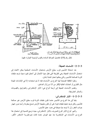 ‫ﺭﻗﻡ‬ ‫ﺸﻜل‬)19:(‫ﺍﻝﻤﺅﺜ‬ ‫ﺍﻝﺭﺌﻴﺴﻴﺔ‬ ‫ﻭﺍﻝﻘﻭﻯ‬ ‫ﺍﻝﺴﺎﻨﺩﺓ‬ ‫ﺍﻝﺤﻭﺍﺌﻁ‬ ‫ﺘﻔﺎﺼﻴل‬‫ﻋﻠﻴﻬﺎ‬ ‫ﺭﺓ‬.
3-3-2-‫ﺍﻝﻌﻤﻴﻘﺔ‬ ‫ﺍﻷﺴﺎﺴﺎﺕ‬:
‫ﺇﻝﻰ‬ ‫ﺍﻻﺘﺠﺎﻩ‬ ‫ﻴﻤﻜﻥ‬ ‫ﺍﻝﺴﻁﺤﻴﺔ‬ ‫ﺍﻷﺴﺎﺴﺎﺕ‬ ‫ﺒﺎﺴﺘﻌﻤﺎل‬ ‫ﺍﻷﺭﺽ‬ ‫ﺴﻁﺢ‬ ‫ﻗﺭﺏ‬ ‫ﺍﻝﺘﺄﺴﻴﺱ‬ ‫ﺍﺴﺘﺤﺎﻝﺔ‬ ‫ﻋﻨﺩ‬
‫ﻁﺒﻘﺎﺕ‬ ‫ﺘﻭﺠﺩ‬ ‫ﺤﻴﺙ‬ ‫ﻜﺒﻴﺭﺓ‬ ‫ﺃﻋﻤﺎﻕ‬ ‫ﺇﻝﻰ‬ ‫ﺍﻷﺤﻤﺎل‬ ‫ﻤﻨﻬﺎ‬ ‫ﺘﻨﻘل‬ ‫ﺍﻝﺘﻲ‬ ‫ﺍﻝﻁﺭﻴﻘﺔ‬ ‫ﻭﻫﻲ‬ ‫ﺍﻝﻌﻤﻴﻘﺔ‬ ‫ﺍﻷﺴﺎﺴﺎﺕ‬ ‫ﺍﺴﺘﻌﻤﺎل‬
‫ﺒﺄﻤ‬ ‫ﺍﻝﻤﻨﺸﺄ‬ ‫ﺘﺤﻤل‬ ‫ﻴﻤﻜﻨﻬﺎ‬ ‫ﻭﺍﻝﺘﻲ‬ ‫ﻝﻠﺘﺄﺴﻴﺱ‬ ‫ﺍﻝﺼﺎﻝﺤﺔ‬ ‫ﺍﻝﺘﺭﺒﺔ‬‫ﺎﻥ‬.
‫ﺍﻝﻬﺎﻤﺔ‬ ‫ﺍﻹﻨﺸﺎﺀﺍﺕ‬ ‫ﻓﻲ‬ ‫ﺇﻻ‬ ‫ﺍﺴﺘﺨﺩﺍﻤﻪ‬ ‫ﻴﺘﻡ‬ ‫ﻻ‬ ‫ﻓﺈﻨﻪ‬ ‫ﺍﻷﺴﺎﺴﺎﺕ‬ ‫ﻤﻥ‬ ‫ﺍﻝﻨﻭﻉ‬ ‫ﻝﻬﺫﺍ‬ ‫ﺍﻝﻀﺨﻤﺔ‬ ‫ﻝﻠﺘﻜﻠﻔﺔ‬ ‫ﻭﻨﻅﺭﺍ‬
‫ﺍﻝﻌﺎﻝﻴﺔ‬ ‫ﺍﻝﻤﻨﺸﺂﺕ‬ ‫ﺃﻭ‬ ‫ﺍﻝﻜﺒﺎﺭﻱ‬ ‫ﻤﺜل‬)‫ﻤﻥ‬ ‫ﺃﻜﺜﺭ‬15‫ﺩﻭﺭ‬(‫ﺍﻝﻤﺩﺍﺨﻥ‬ ‫ﺃﻭ‬.
‫ﺇﻝﻰ‬ ‫ﺍﻝﻌﻤﻴﻘﺔ‬ ‫ﺍﻷﺴﺎﺴﺎﺕ‬ ‫ﻭﺘﻨﻘﺴﻡ‬‫ﻫﻲ‬ ‫ﺃﻨﻭﺍﻉ‬ ‫ﺃﺭﺒﻌﺔ‬:‫ﺍﻵﺒﺎﺭ‬‫ﺍﻹﺴﻜﻨﺩﺭﺍﻨﻰ‬‫ﻭﺍﻝﺨﻭﺍﺯﻴﻕ‬‫ﻭﺍﻝﻘﻴﺴﻭﻨﺎﺕ‬
‫ﺍﻝﺨﺎﺯﻭﻗﻴﺔ‬ ‫ﻭﺍﻝﺴﺘﺎﺌﺭ‬.
3-3-2-1-‫ﺍﻹﺴﻜﻨﺩﺭﺍﻨﻰ‬ ‫ﺍﻵﺒﺎﺭ‬:
‫ﺼﺎﻝﺤﺔ‬ ‫ﻏﻴﺭ‬ ‫ﺍﻷﺭﺽ‬ ‫ﺴﻁﺢ‬ ‫ﻗﺭﺏ‬ ‫ﺍﻝﺘﺭﺒﺔ‬ ‫ﻁﺒﻘﺎﺕ‬ ‫ﺘﻜﻭﻥ‬ ‫ﻋﻨﺩﻤﺎ‬ ‫ﺍﻝﺘﺄﺴﻴﺱ‬ ‫ﻤﻥ‬ ‫ﺍﻝﻨﻭﻉ‬ ‫ﻫﺫﺍ‬ ‫ﺇﻝﻰ‬ ‫ﻴﻠﺠﺄ‬
‫ﺍﻨﻬﻴﺎﺭ‬ ‫ﺒﺩﻭﻥ‬ ‫ﺭﺃﺴﻴﺎ‬ ‫ﺒﺤﻔﺭﻫﺎ‬ ‫ﺘﺴﻤﺢ‬ ‫ﺍﻷﺭﺽ‬ ‫ﻁﺒﻴﻌﻴﺔ‬ ‫ﺘﻜﻭﻥ‬ ‫ﺃﻥ‬ ‫ﻋﻠﻰ‬ ‫ﻗﻭﻴﺔ‬ ‫ﻁﺒﻘﺎﺕ‬ ‫ﺘﺤﺘﻬﺎ‬ ‫ﺘﻭﺠﺩ‬ ‫ﻭﻝﻜﻥ‬ ‫ﻝﻠﺘﺄﺴﻴﺱ‬
‫ﺍﻝﺘﺄﺴﻴﺱ‬ ‫ﻋﻤﻕ‬ ‫ﺤﺩﻭﺩ‬ ‫ﻓﻲ‬ ‫ﺠﻭﻓﻴﺔ‬ ‫ﻤﻴﺎﻩ‬ ‫ﺘﻭﺠﺩ‬ ‫ﻻ‬ ‫ﻭﺃﻥ‬ ‫ﺍﻝﺤﻔﺭ‬ ‫ﺠﻭﺍﻨﺏ‬.
‫ﻭﺃ‬‫ﻫﺫﺍ‬ ‫ﺍﺴﺘﻌﻤﺎل‬ ‫ﺇﻝﻰ‬ ‫ﺍﻝﺘﺴﻤﻴﺔ‬ ‫ﺘﺭﺠﻊ‬ ‫ﺤﻴﺙ‬ ،‫ﺍﻻﺴﻜﻨﺩﺭﺍﻨﻰ‬ ‫ﺒﺎﻵﺒﺎﺭ‬ ‫ﺍﻝﻤﻌﺭﻭﻑ‬ ‫ﺍﻝﻨﻭﻉ‬ ‫ﺍﻵﺒﺎﺭ‬ ‫ﺃﻨﻭﺍﻉ‬ ‫ﺸﻬﺭ‬
‫ﺍﻷﻜﺒﺭ‬ ‫ﺍﻻﺴﻜﻨﺩﺭ‬ ‫ﺇﻤﺒﺭﺍﻁﻭﺭﻴﺔ‬ ‫ﻜﺎﻨﺕ‬ ‫ﻋﻨﺩﻤﺎ‬ ‫ﺍﻝﻴﻭﻨﺎﻥ‬ ‫ﻋﻬﺩ‬ ‫ﻤﻨﺫ‬ ‫ﺍﻹﺴﻜﻨﺩﺭﻴﺔ‬ ‫ﻓﻲ‬ ‫ﺍﻷﺴﺎﺴﺎﺕ‬ ‫ﻤﻥ‬ ‫ﺍﻝﻨﻭﻉ‬.
 