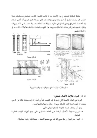 ‫ﻫـﺫﺍ‬ ‫ﻭﻴﺴﺘﻌﻤل‬ ،‫ﺍﻝﻤﻁﺎﻁﻲ‬ ‫ﺍﻝﻁﻭﺏ‬ ‫ﻝﺘﻜﻭﻴﻥ‬ ‫ﺨﺎﺼﺔ‬ ‫ﺒﻤﻭﺍﺩ‬ ‫ﺍﻷﺸﺠﺎﺭ‬ ‫ﻤﻥ‬ ‫ﺍﻝﻤﺴﺘﺨﺭﺝ‬ ‫ﺍﻝﻤﻁﺎﻁ‬ ‫ﻴﺨﻠﻁ‬
‫ﺍﻝﺴﻁﺢ‬ ‫ﺃﻤﻠﺱ‬ ‫ﺃﻨﻪ‬ ‫ﻤﻥ‬ ‫ﻓﺒﺎﻝﺭﻏﻡ‬ ،‫ﺒﺴﺭﻋﺔ‬ ‫ﺍﻝﺒﻠل‬ ‫ﻋﺩﻡ‬ ‫ﻤﺯﺍﻴﺎﻩ‬ ‫ﻭﻤﻥ‬ ‫ﺍﻝﺠﺭﺍﺠﺎﺕ‬ ‫ﺃﻭ‬ ‫ﺍﻝﻁﺭﻕ‬ ‫ﺭﺼﻑ‬ ‫ﻓﻲ‬ ‫ﺍﻝﻁﻭﺏ‬
‫ﺘﻨﻅ‬ ‫ﻴﻤﻜﻥ‬ ‫ﻜﻤﺎ‬ ‫ﻭﻤﺘﻴﻥ‬ ‫ﻝﻼﻨﺯﻻﻕ‬ ‫ﻤﻀﺎﺩ‬ ‫ﺃﻨﻪ‬ ‫ﺇﻻ‬‫ﺍﻻﻫﺘـﺯﺍﺯﺍﺕ‬ ‫ﺍﻤﺘﺼـﺎﺹ‬ ‫ﺨﺎﺼـﻴﺔ‬ ‫ﻝﻪ‬ ‫ﺃﻨﻪ‬ ‫ﻜﻤﺎ‬ ‫ﺒﺴﻬﻭﻝﺔ‬ ‫ﻴﻔﻪ‬
‫ﺍﻵﺘﻴﺔ‬ ‫ﺒﺎﻝﻤﻘﺎﺴﺎﺕ‬ ‫ﺍﻝﻁﻭﺏ‬ ‫ﻫﺫﺍ‬ ‫ﻭﻴﻭﺠﺩ‬ ،‫ﻝﻼﺤﺘﻜﺎﻙ‬ ‫ﻤﻌﺎﻤل‬ ‫ﻭﺃﻜﺒﺭ‬ ‫ﺍﻝﻀﻭﻀﺎﺀ‬ ‫ﻭﺘﻘﻠﻴل‬:26×22×11‫ﺴـﻡ‬‫ﺃﻭ‬
23×11×6‫ﺴﻡ‬.
‫ﺯﺠﺎﺠﻴﺔ‬ ‫ﺒﻠﻭﻜﺎﺕ‬
‫ﺠﺒﺴﻴﺔ‬ ‫ﺒﻠﻭﻜﺎﺕ‬
‫ﻤﺸﺭﺒﻴﺔ‬ ‫ﺒﻠﻭﻜﺎﺕ‬
‫ﺸﻜل‬)28:(‫ﻭﺍﻝﻤﺸﺭﺒﻴﺔ‬ ‫ﻭﺍﻝﺠﺒﺴﻴﺔ‬ ‫ﺍﻝﺯﺠﺎﺠﻴﺔ‬ ‫ﺍﻝﺒﻠﻭﻜﺎﺕ‬.
4-3-‫ﺍﻝﻤﻭﻥ‬‫ﺍﻝﻤﺒﺎﻨﻲ‬ ‫ﻷﻋﻤﺎل‬ ‫ﺍﻝﻼﺯﻤﺔ‬:
‫ﻋﻥ‬ ‫ﻏﺎﻝﺒﺎ‬ ‫ﺴﻤﻜﻬﺎ‬ ‫ﻴﺯﻴﺩ‬ ‫ﻭﻻ‬ ‫ﹶ‬‫ﺎ‬‫ﻭﺭﺃﺴﻴ‬ ‫ﹰ‬‫ﺎ‬‫ﺃﻓﻘﻴ‬ ‫ﺍﻝﻁﻭﺏ‬ ‫ﻗﻭﺍﻝﺏ‬ ‫ﺘﺭﺒﻁ‬ ‫ﺍﻝﺘﻲ‬ ‫ﺍﻝﻼﺼﻘﺔ‬ ‫ﺍﻝﻤﺎﺩﺓ‬ ‫ﻫﻲ‬ ‫ﺍﻝﻤﻭﻨﺔ‬1،‫ﺴﻡ‬
‫ﺒﻴﺴﺭ‬ ‫ﻭﺘﻘﻠﻴﺒﻬﺎ‬ ‫ﻤﺯﺠﻬﺎ‬ ‫ﻭﻴﻤﻜﻥ‬ ‫ﺒﺴﻬﻭﻝﺔ‬ ‫ﻝﻠﺘﺸﻜﻴل‬ ‫ﻗﺎﺒﻠﺔ‬ ‫ﺍﻝﻤﻭﻨﺔ‬ ‫ﺘﻜﻭﻥ‬ ‫ﺃﻥ‬ ‫ﻭﻴﺠﺏ‬.
‫ﺍﻵﺘﻲ‬ ‫ﺍﻝﻤﺒﺎﻨﻲ‬ ‫ﻷﻋﻤﺎل‬ ‫ﺍﻝﻼﺯﻤﺔ‬ ‫ﺍﻝﻤﻭﻨﺔ‬ ‫ﻭﻅﺎﺌﻑ‬ ‫ﺃﻫﻡ‬ ‫ﻭﻤﻥ‬:
•‫ﺍﻷﺤﻤﺎل‬ ‫ﻀﻐﻭﻁ‬ ‫ﺘﻭﺯﻴﻊ‬‫ﺍﻝﻤﻜﻭﻨﺔ‬ ‫ﺍﻝﻘﻭﺍﻝﺏ‬ ‫ﺃﺠﺯﺍﺀ‬ ‫ﺠﻤﻴﻊ‬ ‫ﻋﻠﻰ‬ ‫ﺒﺎﻝﺘﺴﺎﻭﻱ‬ ‫ﺍﻝﺤﺎﺌﻁ‬ ‫ﻋﻠﻰ‬ ‫ﺍﻝﻭﺍﻗﻌﺔ‬
‫ﻝﻠﺤﺎﺌﻁ‬.
•‫ﻤﺘﻤﺎﺴﻜﺔ‬ ‫ﻭﺍﺤﺩﺓ‬ ‫ﻜﺘﻠﺔ‬ ‫ﻭﺠﻌﻠﻬﺎ‬ ‫ﺍﻝﺒﻌﺽ‬ ‫ﺒﻌﻀﻬﺎ‬ ‫ﻤﻊ‬ ‫ﺍﻝﻘﻭﺍﻝﺏ‬ ‫ﺠﻤﻴﻊ‬ ‫ﻭﺭﺒﻁ‬ ‫ﻝﺼﻕ‬ ‫ﻋﻠﻰ‬ ‫ﺍﻝﻌﻤل‬.
 