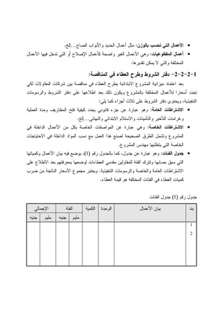 •‫ﺒﺎﻝﻭﺯﻥ‬ ‫ﺘﺤﺴﺏ‬ ‫ﺍﻝﺘﻲ‬ ‫ﺍﻷﻋﻤﺎل‬:‫ﺍﻝﺼﺎﺝ‬ ‫ﻭﺍﻷﺒﻭﺍﺏ‬ ‫ﺍﻝﺤﺩﻴﺩ‬ ‫ﺃﻋﻤﺎل‬ ‫ﻤﺜل‬…‫ﺇﻝﺦ‬.
•‫ﺍﻝﻤﻘﻁﻭﻋﻴﺎﺕ‬ ‫ﺃﻋﻤﺎل‬:‫ﺍﻷﻋﻤﺎل‬ ‫ﻓﻴﻬﺎ‬ ‫ﺘﺩﺨل‬ ‫ﺍﻝﺘﻲ‬ ‫ﺃﻭ‬ ‫ﺍﻹﺼﻼﺡ‬ ‫ﻜﺄﻋﻤﺎل‬ ‫ﻭﺍﻀﺤﺔ‬ ‫ﺍﻝﻐﻴﺭ‬ ‫ﺍﻷﻋﻤﺎل‬ ‫ﻭﻫﻲ‬
‫ﺘﻘﺩﻴﺭﻫﺎ‬ ‫ﻴﻤﻜﻥ‬ ‫ﻻ‬ ‫ﻭﺍﻝﺘﻲ‬ ‫ﺍﻝﻤﺨﺘﻠﻔﺔ‬.
1-2-2-2-‫ﺍﻝﻤﻨﺎﻗﺼﺔ‬ ‫ﻓﻲ‬ ‫ﺍﻝﻌﻁﺎﺀ‬ ‫ﻭﻁﺭﺡ‬ ‫ﺍﻝﺸﺭﻭﻁ‬ ‫ﺩﻓﺘﺭ‬:
‫ﺍﻋﺘ‬ ‫ﺒﻌﺩ‬‫ﻝﻜﻲ‬ ‫ﺍﻝﻤﻘﺎﻭﻻﺕ‬ ‫ﺸﺭﻜﺎﺕ‬ ‫ﺒﻴﻥ‬ ‫ﻤﻨﺎﻗﺼﺔ‬ ‫ﻓﻲ‬ ‫ﺍﻝﻌﻁﺎﺀ‬ ‫ﻴﻁﺭﺡ‬ ‫ﺍﻻﺒﺘﺩﺍﺌﻴﺔ‬ ‫ﺍﻝﻤﺸﺭﻭﻉ‬ ‫ﻤﻴﺯﺍﻨﻴﺔ‬ ‫ﻤﺎﺩ‬
‫ﻭﺍﻝﺭﺴﻭﻤﺎﺕ‬ ‫ﺍﻝﺸﺭﻭﻁ‬ ‫ﺩﻓﺘﺭ‬ ‫ﻋﻠﻰ‬ ‫ﺍﻁﻼﻋﻬﺎ‬ ‫ﺒﻌﺩ‬ ‫ﺫﻝﻙ‬ ‫ﻭﻴﻜﻭﻥ‬ ‫ﺒﺎﻝﻤﺸﺭﻭﻉ‬ ‫ﺍﻝﻤﺨﺘﻠﻔﺔ‬ ‫ﻝﻸﻋﻤﺎل‬ ‫ﺃﺴﻌﺎﺭﺍ‬ ‫ﺘﺤﺩﺩ‬
‫ﻴﻠﻲ‬ ‫ﻜﻤﺎ‬ ‫ﺃﺠﺯﺍﺀ‬ ‫ﺜﻼﺙ‬ ‫ﻋﻠﻰ‬ ‫ﺍﻝﺸﺭﻭﻁ‬ ‫ﺩﻓﺘﺭ‬ ‫ﻭﻴﺤﺘﻭﻯ‬ ،‫ﺍﻝﺘﻨﻔﻴﺫﻴﺔ‬:
•‫ﺍﻝﻌﺎﻤﺔ‬ ‫ﺍﻻﺸﺘﺭﺍﻁﺎﺕ‬:‫ﻗﺎ‬ ‫ﺠﺯﺀ‬ ‫ﻋﻥ‬ ‫ﻋﺒﺎﺭﺓ‬ ‫ﻭﻫﻭ‬‫ﺍﻝﻌﻤﻠﻴﺔ‬ ‫ﻭﻤﺩﺓ‬ ‫ﺍﻝﻤﻅﺎﺭﻴﻑ‬ ‫ﻓﺘﺢ‬ ‫ﻜﻴﻔﻴﺔ‬ ‫ﻴﺤﺩﺩ‬ ‫ﻨﻭﻨﻲ‬
‫ﻭﺍﻝﻨﻬﺎﺌﻲ‬ ‫ﺍﻻﺒﺘﺩﺍﺌﻲ‬ ‫ﻭﺍﻻﺴﺘﻼﻡ‬ ‫ﻭﺍﻝﺘﺄﻤﻴﻨﺎﺕ‬ ‫ﺍﻝﺘﺄﺨﻴﺭ‬ ‫ﻭﻏﺭﺍﻤﺎﺕ‬…‫ﺇﻝﺦ‬.
•‫ﺍﻝﺨﺎﺼﺔ‬ ‫ﺍﻻﺸﺘﺭﺍﻁﺎﺕ‬:‫ﻓﻲ‬ ‫ﺍﻝﺩﺍﺨﻠﺔ‬ ‫ﺍﻷﻋﻤﺎل‬ ‫ﻤﻥ‬ ‫ﺒﻜل‬ ‫ﺍﻝﺨﺎﺼﺔ‬ ‫ﺍﻝﻤﻭﺍﺼﻔﺎﺕ‬ ‫ﻋﻥ‬ ‫ﻋﺒﺎﺭﺓ‬ ‫ﻭﻫﻲ‬
‫ﺍﻻﺤﺘﻴﺎﺠﺎﺕ‬ ‫ﻓﻲ‬ ‫ﺍﻝﺩﺍﺨﻠﺔ‬ ‫ﺍﻝﻤﻭﺍﺩ‬ ‫ﻨﺴﺏ‬ ‫ﻤﻊ‬ ‫ﺍﻝﻌﻤل‬ ‫ﻫﺫﺍ‬ ‫ﻝﺼﻨﻊ‬ ‫ﺍﻝﺼﺤﻴﺤﺔ‬ ‫ﺍﻝﻁﺭﻕ‬ ‫ﻭﺘﺸﻤل‬ ‫ﺍﻝﻤﺸﺭﻭﻉ‬
‫ﺍﻝﻤﺸﺭﻭﻉ‬ ‫ﻤﻬﻨﺩﺱ‬ ‫ﻴﺘﻁﻠﺒﻬﺎ‬ ‫ﺍﻝﺘﻲ‬ ‫ﺍﻝﺨﺎﺼﺔ‬.
•‫ﺍﻝﻔﺌﺎﺕ‬ ‫ﺠﺩﻭل‬:‫ﺭﻗﻡ‬ ‫ﺒﺎﻝﺠﺩﻭل‬ ‫ﻜﻤﺎ‬ ،‫ﺠﺩﻭل‬ ‫ﻋﻥ‬ ‫ﻋﺒﺎﺭﺓ‬ ‫ﻭﻫﻭ‬)1(‫ﻭﻜﻤﻴﺎﺘﻬﺎ‬ ‫ﺍﻷﻋﻤﺎل‬ ‫ﺒﻴﺎﻥ‬ ‫ﻓﻴﻪ‬ ‫ﻴﻭﻀﻊ‬ ،
‫ﻋﻠﻰ‬ ‫ﺍﻻﻁﻼﻉ‬ ‫ﺒﻌﺩ‬ ‫ﺒﻤﻌﺭﻓﺘﻬﻡ‬ ‫ﻝﻭﻀﻌﻬﺎ‬ ‫ﺍﻝﻌﻁﺎﺀﺍﺕ‬ ‫ﻤﻘﺩﻤﻲ‬ ‫ﻝﻠﻤﻘﺎﻭﻝﻴﻥ‬ ‫ﺍﻝﻔﺌﺔ‬ ‫ﻭﺘﺘﺭﻙ‬ ‫ﺤﺴﺎﺒﻬﺎ‬ ‫ﺴﺒﻕ‬ ‫ﺍﻝﺘﻲ‬
‫ﺍﻝﺘﻨﻔﻴﺫﻴﺔ‬ ‫ﻭﺍﻝﺭﺴﻭﻤﺎﺕ‬ ‫ﻭﺍﻝﺨﺎﺼﺔ‬ ‫ﺍﻝﻌﺎﻤﺔ‬ ‫ﺍﻻﺸﺘﺭﺍﻁﺎﺕ‬.‫ﻭﻴﻌﺘ‬‫ﻀﺭﺏ‬ ‫ﻤﻥ‬ ‫ﺍﻝﻨﺎﺘﺠﺔ‬ ‫ﺍﻷﺴﻌﺎﺭ‬ ‫ﻤﺠﻤﻭﻉ‬ ‫ﺒﺭ‬
‫ﺍﻝﻌﻁﺎﺀ‬ ‫ﻗﻴﻤﺔ‬ ‫ﻫﻭ‬ ‫ﺍﻝﻤﺨﺘﻠﻔﺔ‬ ‫ﺍﻝﻔﺌﺎﺕ‬ ‫ﻓﻲ‬ ‫ﺍﻝﻌﻁﺎﺀ‬ ‫ﻜﻤﻴﺎﺕ‬.
‫ﺭﻗﻡ‬ ‫ﺠﺩﻭل‬)1(‫ﺍﻝﻔﺌﺎﺕ‬ ‫ﺠﺩﻭل‬
‫ﺒﻨﺩ‬‫ﺍﻷﻋﻤﺎل‬ ‫ﺒﻴﺎﻥ‬‫ﺍﻝﻭﺤﺩﺓ‬‫ﺍﻝﻜﻤﻴﺔ‬‫ﺍﻝﻔﺌﺔ‬‫ﺍﻹﺠﻤﺎﻝﻲ‬
‫ﻤﻠﻴﻡ‬‫ﺠﻨﻴﻪ‬‫ﻤﻠﻴﻡ‬‫ﺠﻨﻴﻪ‬
1
2
 