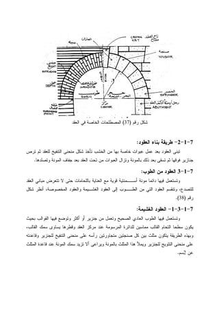 ‫ﺭﻗﻡ‬ ‫ﺸﻜل‬)37(‫ﺍﻝﻌﻘﺩ‬ ‫ﻓﻲ‬ ‫ﺍﻝﺨﺎﺼﺔ‬ ‫ﺍﻝﻤﺼﻁﻠﺤﺎﺕ‬
7-1-2-‫ﺍﻝﻌﻘﻭﺩ‬ ‫ﺒﻨﺎﺀ‬ ‫ﻁﺭﻴﻘﺔ‬:
‫ﺘﺭﺹ‬ ‫ﺜﻡ‬ ‫ﻝﻠﻌﻘﺩ‬ ‫ﺍﻝﺘﻨﻔﻴﺦ‬ ‫ﻤﻨﺤﻨﻰ‬ ‫ﺸﻜل‬ ‫ﺘﺄﺨﺫ‬ ‫ﺍﻝﺨﺸﺏ‬ ‫ﻤﻥ‬ ‫ﺒﻬﺎ‬ ‫ﺨﺎﺼﺔ‬ ‫ﻋﺒﻭﺍﺕ‬ ‫ﻋﻤل‬ ‫ﺒﻌﺩ‬ ‫ﺍﻝﻌﻘﻭﺩ‬ ‫ﺘﺒﻨﻰ‬
‫ﻭﺘﺼﻠﺩﻫﺎ‬ ‫ﺍﻝﻤﻭﻨﺔ‬ ‫ﺠﻔﺎﻑ‬ ‫ﺒﻌﺩ‬ ‫ﺍﻝﻌﻘﺩ‬ ‫ﺘﺤﺕ‬ ‫ﻤﻥ‬ ‫ﺍﻝﻌﺒﻭﺍﺕ‬ ‫ﻭﺘﺯﺍل‬ ‫ﺒﺎﻝﻤﻭﻨﺔ‬ ‫ﺫﻝﻙ‬ ‫ﺒﻌﺩ‬ ‫ﺘﺴﻘﻰ‬ ‫ﺜﻡ‬ ‫ﻓﻭﻗﻬﺎ‬ ‫ﺠﻨﺎﺯﻴﺭ‬.
7-1-3‫ﺍﻝﻌﻘﻭﺩ‬‫ﺍﻝﻁﻭﺏ‬ ‫ﻤﻥ‬:
‫ﺃﺴ‬ ‫ﻤﻭﻨﺔ‬ ‫ﺩﺍﺌﻤﺎ‬ ‫ﻓﻴﻬﺎ‬ ‫ﻭﺘﺴﺘﻌﻤل‬‫ــ‬‫ﺍﻝﻌﻘﺩ‬ ‫ﻤﺒﺎﻨﻲ‬ ‫ﺘﺘﻌﺭﺽ‬ ‫ﻻ‬ ‫ﺤﺘﻰ‬ ‫ﺒﺎﻝﻠﺤﺎﻤﺎﺕ‬ ‫ﺍﻝﻌﻨﺎﻴﺔ‬ ‫ﻤﻊ‬ ‫ﻗﻭﻴﺔ‬ ‫ﻤﻨﺘﻴﺔ‬
‫ﺍﻝﻁ‬ ‫ﻤﻥ‬ ‫ﺍﻝﺘﻲ‬ ‫ﺍﻝﻌﻘﻭﺩ‬ ‫ﻭﺘﻨﻘﺴﻡ‬ ،‫ﻝﻠﺘﺼﺩﻉ‬‫ــ‬‫ﺍﻝﻐﺸ‬ ‫ﺍﻝﻌﻘﻭﺩ‬ ‫ﺇﻝﻰ‬ ‫ﻭﺏ‬‫ـ‬‫ﺸﻜل‬ ‫ﺃﻨﻅﺭ‬ ،‫ﺍﻝﻤﺨﺼﻭﺼﺔ‬ ‫ﻭﺍﻝﻌﻘﻭﺩ‬ ‫ﻴﻤﺔ‬
‫ﺭﻗﻡ‬)38.(
7-1-3-1-‫ﺍﻝﻐﺸﻴﻤﺔ‬ ‫ﺍﻝﻌﻘﻭﺩ‬:
‫ﻭﺘﻌﻤ‬ ‫ﺍﻝﺼﺤﻴﺢ‬ ‫ﺍﻝﻌﺎﺩﻱ‬ ‫ﺍﻝﻁﻭﺏ‬ ‫ﻓﻴﻬﺎ‬ ‫ﻭﺘﺴﺘﻌﻤل‬‫ﺒﺤﻴﺙ‬ ‫ﺍﻝﻘﻭﺍﻝﺏ‬ ‫ﻓﻴﻬﺎ‬ ‫ﻭﺘﻭﻀﻊ‬ ‫ﺃﻜﺜﺭ‬ ‫ﺃﻭ‬ ‫ﺠﻨﺯﻴﺭ‬ ‫ﻤﻥ‬ ‫ل‬
،‫ﺍﻝﻘﺎﻝﺏ‬ ‫ﺴﻤﻙ‬ ‫ﻴﺴﺎﻭﻯ‬ ‫ﻭﻗﻁﺭﻫﺎ‬ ‫ﺍﻝﻌﻘﺩ‬ ‫ﻤﺭﻜﺯ‬ ‫ﻋﻨﺩ‬ ‫ﺍﻝﻤﺭﺴﻭﻤﺔ‬ ‫ﻝﻠﺩﺍﺌﺭﺓ‬ ‫ﻤﻤﺎﺴﻴﻥ‬ ‫ﺍﻝﻘﺎﻝﺏ‬ ‫ﺍﻝﺘﺤﺎﻡ‬ ‫ﺴﻁﺤﺎ‬ ‫ﻴﻜﻭﻥ‬
‫ﻭﻗﺎﻋﺩﺘﻪ‬ ‫ﻝﻠﺠﻨﺯﻴﺭ‬ ‫ﺍﻝﺘﻨﻔﻴﺦ‬ ‫ﻤﻨﺤﻨﻰ‬ ‫ﻋﻠﻰ‬ ‫ﺭﺃﺴﻪ‬ ‫ﻤﺘﺠﺎﻭﺭﺘﻴﻥ‬ ‫ﺼﻨﺠﺘﻴﻥ‬ ‫ﻜل‬ ‫ﺒﻴﻥ‬ ‫ﻤﺜﻠﺙ‬ ‫ﻴﺘﻜﻭﻥ‬ ‫ﺍﻝﻁﺭﻴﻘﺔ‬ ‫ﻭﺒﻬﺫﻩ‬
‫ﺍ‬ ‫ﻫﺫﺍ‬ ‫ﻭﻴﻤﻸ‬ ‫ﻝﻠﺠﻨﺯﻴﺭ‬ ‫ﺍﻝﺘﺘﻭﻴﺞ‬ ‫ﻤﻨﺤﻨﻰ‬ ‫ﻋﻠﻰ‬‫ﺍﻝﻤﺜﻠﺙ‬ ‫ﻗﺎﻋﺩﺓ‬ ‫ﻋﻨﺩ‬ ‫ﺍﻝﻤﻭﻨﺔ‬ ‫ﺴﻤﻙ‬ ‫ﺘﺯﻴﺩ‬ ‫ﺃﻻ‬ ‫ﻭﻴﺭﺍﻋﻰ‬ ‫ﺒﺎﻝﻤﻭﻨﺔ‬ ‫ﻝﻤﺜﻠﺙ‬
‫ﻋﻥ‬2‫ﺴﻡ‬.
 