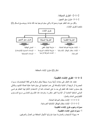 2-1-2-‫ﺍﻝﻤﻤﻴﻜﻨﺔ‬ ‫ﺍﻝﻁﺭﻕ‬.
2-1-3-‫ﺍﻝﺘﺠﻬﻴﺯ‬ ‫ﺴﺒﻕ‬ ‫ﻁﺭﻕ‬.
‫ﺸـﻜل‬ ‫ﻭﻴﻭﻀـﺢ‬ ،‫ﺘﺒﺎﻋﺎ‬ ‫ﺫﻝﻙ‬ ‫ﺒﻌﺩ‬ ‫ﺸﺭﺤﻬﺎ‬ ‫ﺴﻴﺘﻡ‬ ‫ﻭﺍﻝﺘﻲ‬ ‫ﻭﻤﻤﻴﺯﺍﺘﻪ‬ ‫ﻋﻴﻭﺒﻪ‬ ‫ﺍﻝﻨﻅﻡ‬ ‫ﻫﺫﻩ‬ ‫ﻤﻥ‬ ‫ﻭﻝﻜل‬)2(
‫ﺍﻹﻨﺸﺎﺀ‬ ‫ﻝﻁﺭﻕ‬ ‫ﻤﻠﺨﺼﺎ‬.
‫ﺸﻜل‬)2:(‫ﺍﻝﻤﺨﺘﻠﻔﺔ‬ ‫ﺍﻹﻨﺸﺎﺀ‬ ‫ﻁﺭﻕ‬.
2-1-1-‫ﺍ‬‫ﺍﻝﺘﻘﻠﻴﺩﻴﺔ‬ ‫ﺍﻹﻨﺸﺎﺀ‬ ‫ﻝﻁﺭﻕ‬:
‫ﺴـﻭﺍﺀ‬ ‫ﺍﻝﻤﺠﺘﻤﻌـﺎﺕ‬ ‫ﻜﺎﻓﺔ‬ ‫ﻓﻲ‬ ‫ﺘﻭﺍﻓﺭﻫﺎ‬ ‫ﻴﻤﻜﻥ‬ ‫ﺒﺴﻴﻁﺔ‬ ‫ﻭﻤﻭﺍﺩ‬ ‫ﺃﻭﻝﻴﺔ‬ ‫ﻤﻌﺩﺍﺕ‬ ‫ﻋﻠﻰ‬ ‫ﺍﻝﻨﻅﻡ‬ ‫ﻫﺫﻩ‬ ‫ﺘﻌﺘﻤﺩ‬
‫ﻭﺒﺎﻝﺘﺎﻝﻲ‬ ‫ﺍﻝﺘﺸﻴﻴﺩ‬ ‫ﻝﻌﻤﺎﻝﺔ‬ ‫ﻋﺎﻝﻴﺔ‬ ‫ﻓﻨﻴﺔ‬ ‫ﻤﻬﺎﺭﺓ‬ ‫ﺇﻝﻰ‬ ‫ﺍﺤﺘﻴﺎﺠﻬﺎ‬ ‫ﻋﺩﻡ‬ ‫ﺇﻝﻰ‬ ‫ﺒﺎﻹﻀﺎﻓﺔ‬ ‫ﺍﻝﻨﺎﺌﻴﺔ‬ ‫ﺃﻭ‬ ‫ﺍﻝﺭﻴﻔﻴﺔ‬ ‫ﺃﻭ‬ ‫ﺍﻝﺤﻀﺭﻴﺔ‬
‫ﻜ‬ ،‫ﺍﻝﻤﻌﺩﺍﺕ‬ ‫ﻋﻠﻰ‬ ‫ﻤﺎ‬ ‫ﺤﺩ‬ ‫ﺇﻝﻰ‬ ‫ﺍﻝﻨﻅﻡ‬ ‫ﺘﻠﻙ‬ ‫ﺍﻋﺘﻤﺎﺩ‬ ‫ﻤﺴﺘﻭﻯ‬ ‫ﻴﻘل‬‫ﻓـﻲ‬ ‫ﻫﻭ‬ ‫ﺍﻝﻨﻅﺎﻡ‬ ‫ﻝﻬﺫﺍ‬ ‫ﺍﻷﻤﺜل‬ ‫ﺍﻻﺴﺘﺨﺩﺍﻡ‬ ‫ﺃﻥ‬ ‫ﻤﺎ‬
‫ﻤﺘﻜﺭﺭﺓ‬ ‫ﺍﻝﻐﻴﺭ‬ ‫ﺍﻹﺩﺍﺭﻴﺔ‬ ‫ﺃﻭ‬ ‫ﺍﻝﺨﺎﺼﺔ‬ ‫ﺍﻝﺴﻜﻨﻴﺔ‬ ‫ﺍﻝﻤﺒﺎﻨﻲ‬.‫ﺍﻝﻤﺴـﺘﻭﻯ‬ ‫ﻤـﻊ‬ ‫ﻝﺘﺘﻤﺸـﻰ‬ ‫ﺍﻝﻁـﺭﻕ‬ ‫ﻫﺫﻩ‬ ‫ﻭﺘﻨﻭﻋﺕ‬
‫ﻭﺘﺸﻤل‬ ‫ﺍﻝﺴﺎﺌﺩ‬ ‫ﺍﻝﺘﻜﻨﻭﻝﻭﺠﻲ‬:
2-1-1-1-‫ﺍﻝﺤﺎﻤﻠﺔ‬ ‫ﺍﻝﺤﻭﺍﺌﻁ‬ ‫ﺒﻨﻅﺎﻡ‬ ‫ﺍﻹﻨﺸﺎﺀ‬.
2-1-1-2-‫ﺍﻝﺨﺭﺴﺎﻨﻴﺔ‬ ‫ﺍﻹﻨﺸﺎﺌﻴﺔ‬ ‫ﺍﻝﻬﻴﺎﻜل‬ ‫ﺒﻨﻅﺎﻡ‬ ‫ﺍﻹﻨﺸﺎﺀ‬.
‫ﻁ‬ ‫ﻭﻋﻴﻭﺏ‬ ‫ﻤﻤﻴﺯﺍﺕ‬‫ﺍﻝﺘﻘﻠﻴﺩﻴﺔ‬ ‫ﺍﻹﻨﺸﺎﺀ‬ ‫ﺭﻕ‬:
‫ﺃ‬-‫ﺍﻝﺘﻘﻠﻴﺩﻴﺔ‬ ‫ﺍﻹﻨﺸﺎﺀ‬ ‫ﻁﺭﻕ‬ ‫ﻤﻤﻴﺯﺍﺕ‬:
•‫ﻭﺍﻝﺤﺭﻓﻴﻴﻥ‬ ‫ﺍﻝﻌﻤﺎل‬ ‫ﻤﻥ‬ ‫ﺍﻝﻤﺨﺘﻠﻔﺔ‬ ‫ﺍﻷﺠﻴﺎل‬ ‫ﺘﺘﻭﺍﺭﺜﻬﺎ‬ ‫ﺤﻴﺙ‬ ‫ﻭﺍﻝﻤﻤﺎﺭﺴﺔ‬ ‫ﺍﻻﺴﺘﻴﻌﺎﺏ‬ ‫ﺴﻬﻭﻝﺔ‬.
‫ﺍﻹﻨﺸﺎﺀ‬ ‫ﻁﺭﻕ‬
‫ﺍﻝﺘﻘﻠﻴﺩﻴﺔ‬ ‫ﺍﻝﻁﺭﻴﻘﺔ‬‫ﺍﻝﺘﺠﻬﻴﺯ‬ ‫ﺴﺒﻕ‬ ‫ﻁﺭﻕ‬ ‫ﺍﻝﻤﻤﻴﻜﻨﺔ‬ ‫ﺍﻝﻁﺭﻴﻘﺔ‬
-‫ﺍﻝﺤﺎﻤﻠﺔ‬ ‫ﺍﻝﺤﻭﺍﺌﻁ‬ ‫ﺒﻁﺭﻴﻘﺔ‬ ‫ﺍﻹﻨﺸﺎﺀ‬.
-‫ﺍﻹﻨﺸـﺎﺌﻴﺔ‬ ‫ﺍﻝﻬﻴﺎﻜل‬ ‫ﺒﻨﻅﺎﻡ‬ ‫ﺍﻹﻨﺸﺎﺀ‬
‫ﺍﻝﺨﺭﺴﺎﻨﻴﺔ‬.
-‫ﺍﻝﻬﻴﻜﻠﻴﺔ‬ ‫ﺍﻝﻤﺒﺎﻨﻲ‬
-‫ﺍﻝﻤﺴﺘﻭﻴﺔ‬ ‫ﺍﻝﻭﺤﺩﺍﺕ‬)‫ﺍﻝﺒﺎﻨﻭﻫﺎﺕ‬(
-‫ﺍﻝﺼﻨﺩﻭﻗﻴﺔ‬ ‫ﺍﻝﻭﺤﺩﺍﺕ‬
-‫ﺍﻝﻨﻔﻘ‬ ‫ﺍﻝﻬﻴﻜل‬ ‫ﻁﺭﻴﻘﺔ‬‫ﻲ‬
-‫ﻁﺭﻴﻘﺔ‬‫ﺍﻝﻤﺭﻓﻭﻋﺔ‬ ‫ﺍﻝﺒﻼﻁﺎﺕ‬
-‫أ‬ ‫ا‬ ‫ا‬ ‫ات‬ ‫ا‬
 